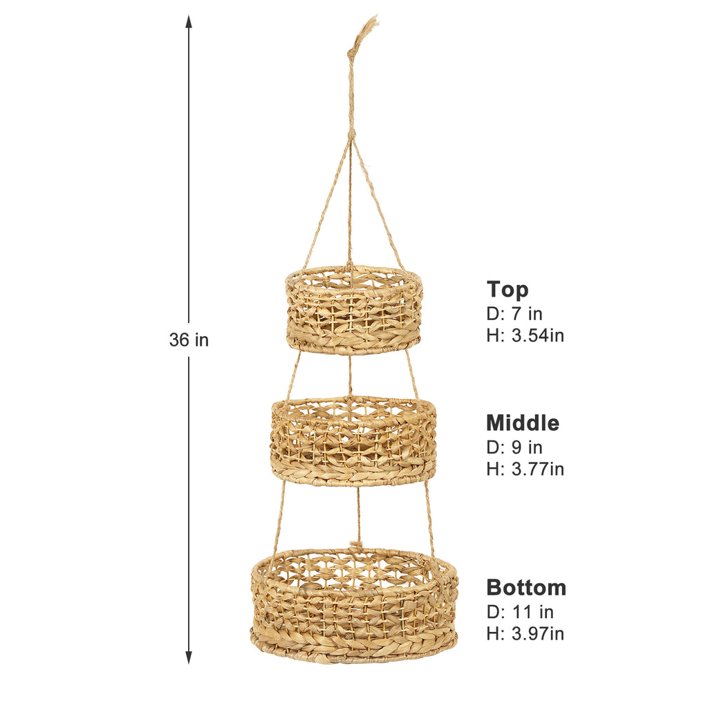 1 piece of 3-layer fruit hanging basket, vegetable storage, natural woven storage basket, seaweed wicker basket storage rack, used for kitchen and living room storage