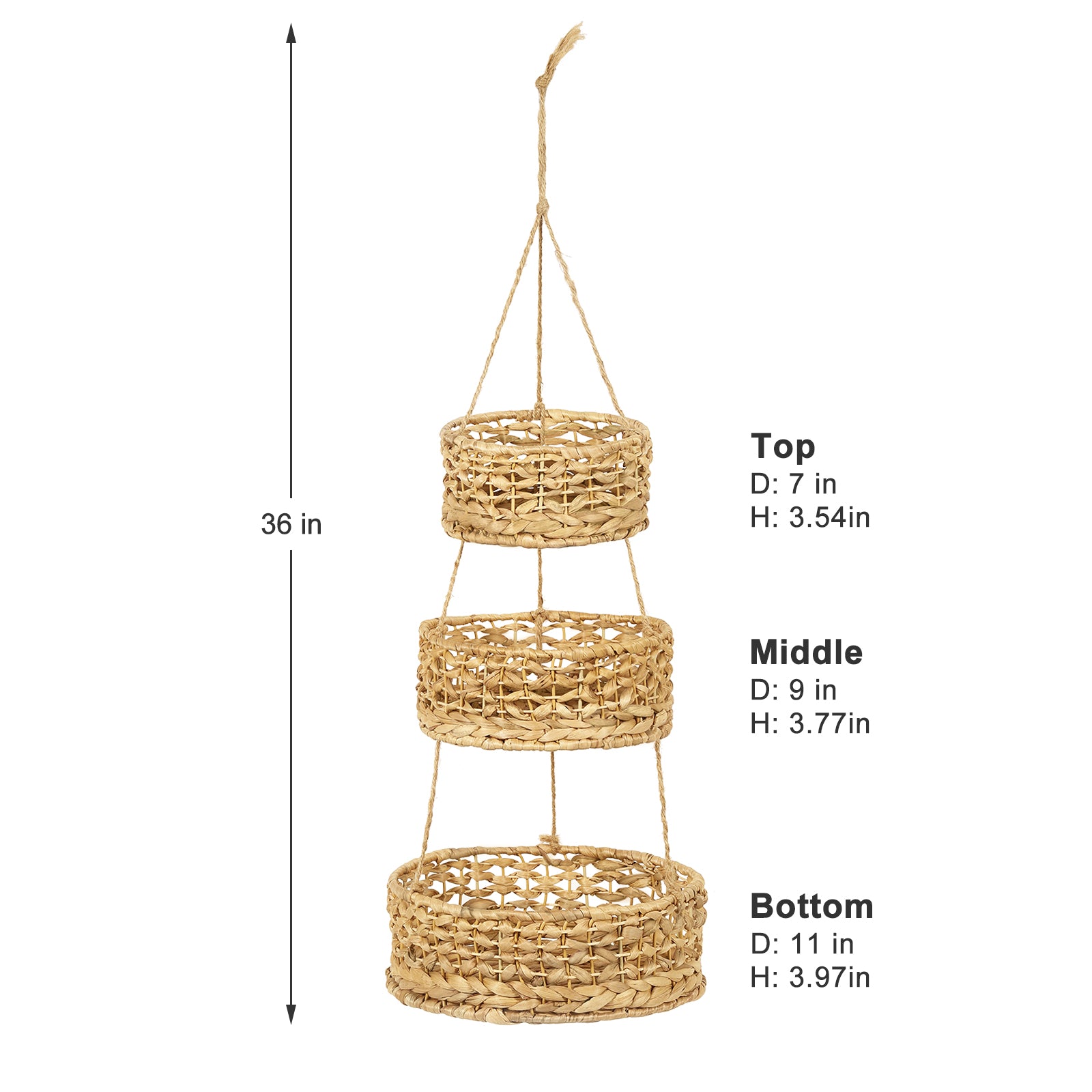 1 piece of 3-layer fruit hanging basket, vegetable storage, natural woven storage basket, seaweed wicker basket storage rack, used for kitchen and living room storage