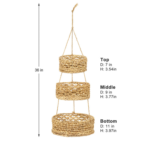 1 piece of 3-layer fruit hanging basket, vegetable storage, natural woven storage basket, seaweed wicker basket storage rack, used for kitchen and living room storage
