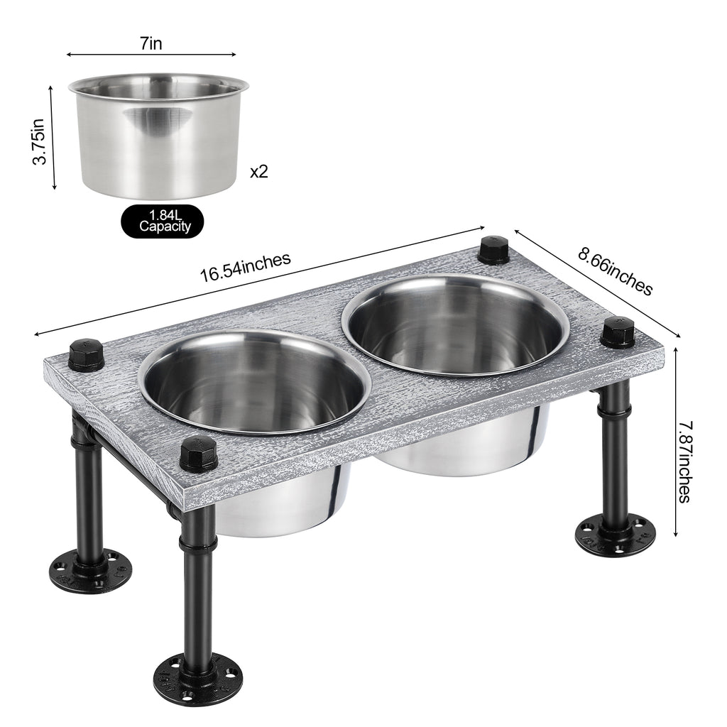 Pet Rice Bowl with 2 Stainless Steel Bowls and Non-Slip Feet Removable Wooden Pet Feeder with Drinking and Feeding Station for Cats and Dogs, Gray