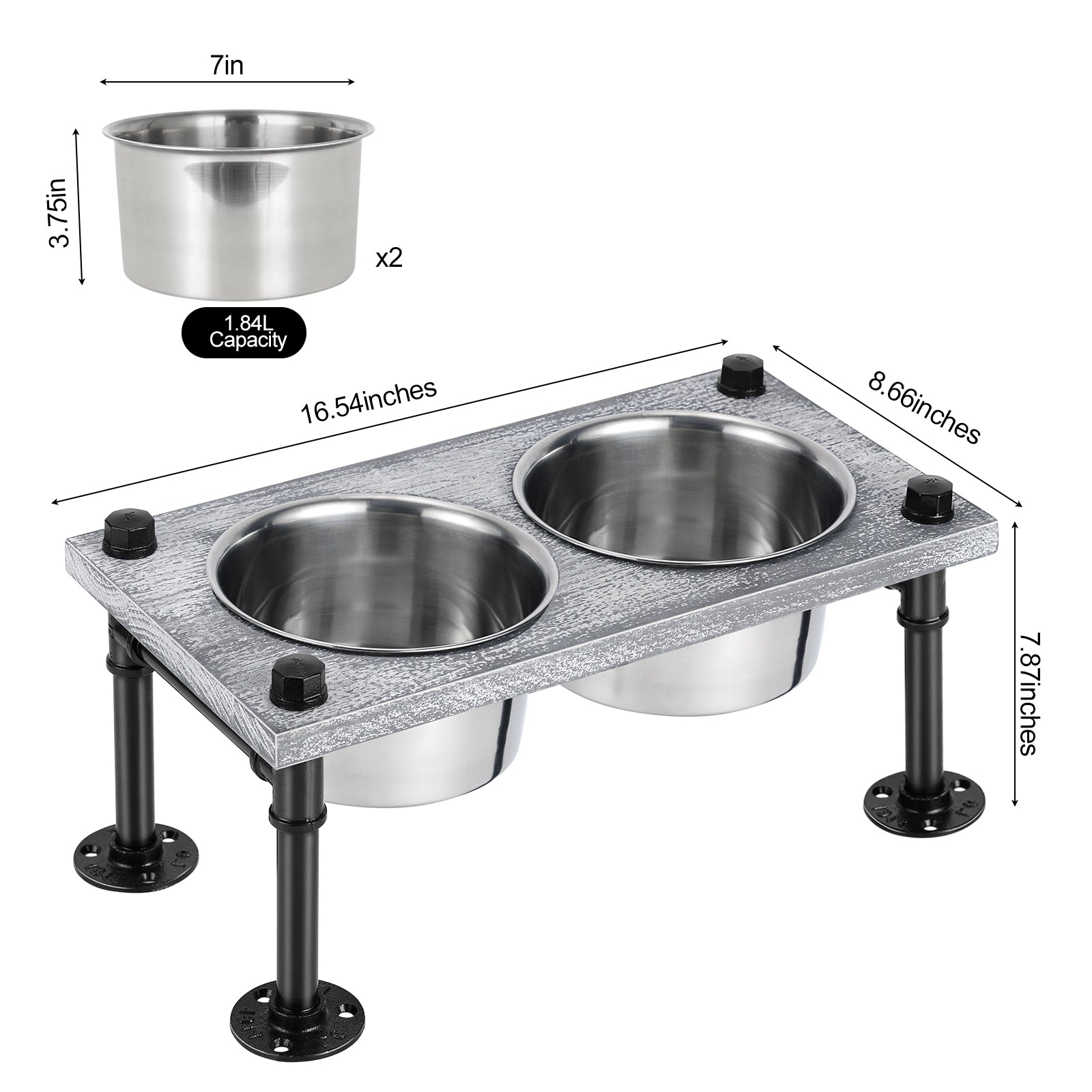 Pet Rice Bowl with 2 Stainless Steel Bowls and Non-Slip Feet Removable Wooden Pet Feeder with Drinking and Feeding Station for Cats and Dogs, Gray