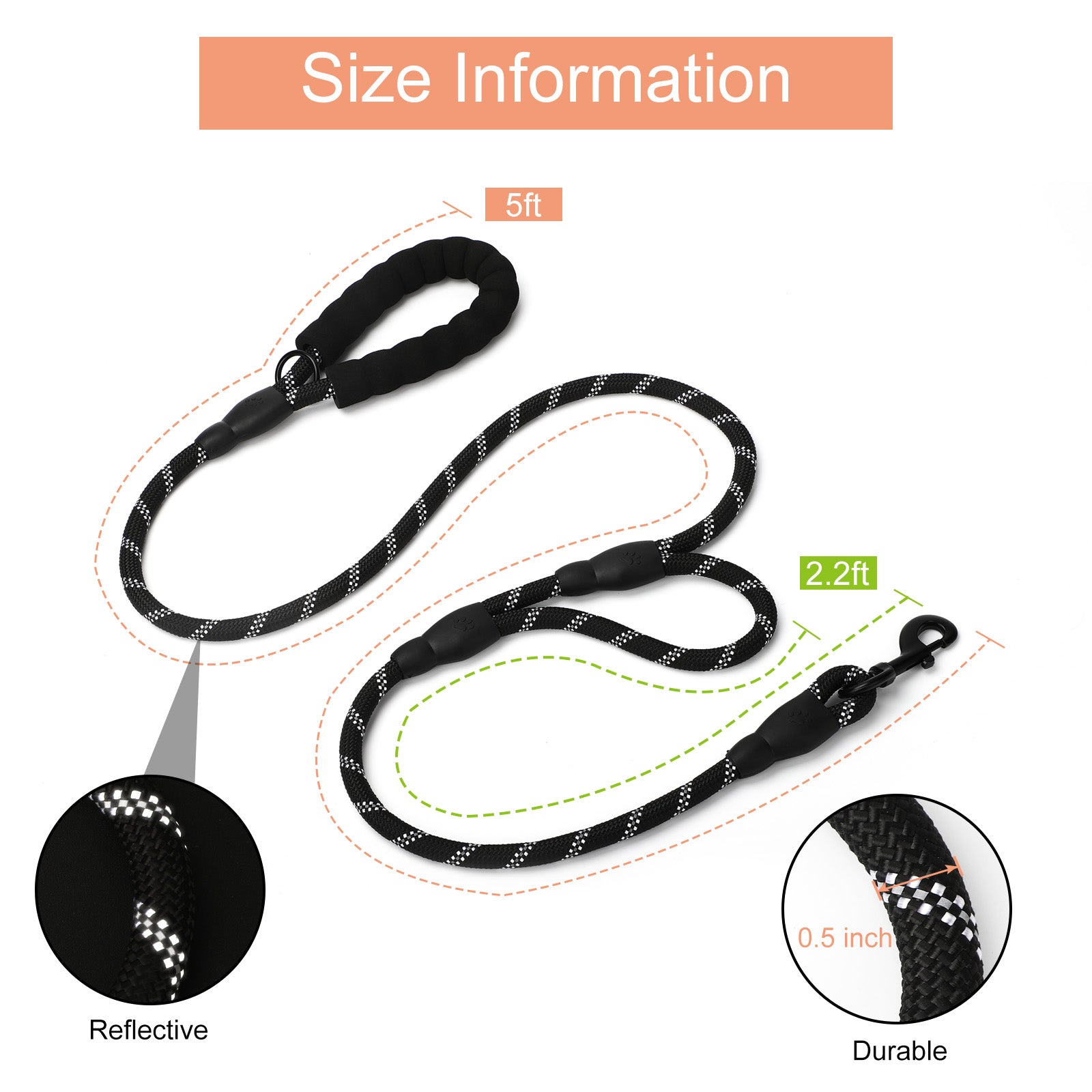 5FT Heavy Duty Dog Leash with Double Padded Handles, Reflective Nylon Rope Leash for Medium and Large Dogs, Walking and Training,