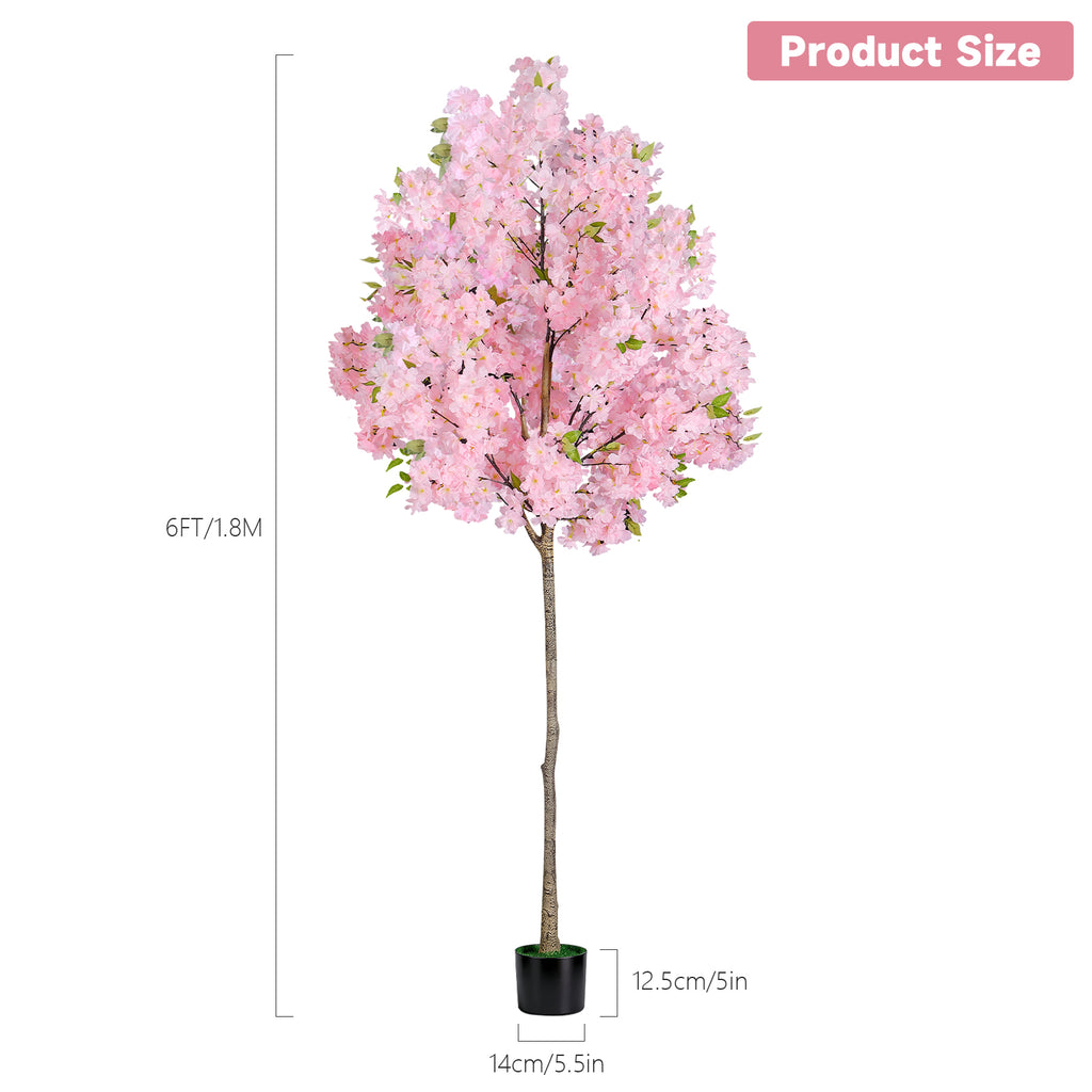 6FT Artificial Cherry Blossom Tree, 1.8M Tall Fake Pink Cherry Blossom Tree with Pot, Faux Floral Tree for Indoor Outdoor Home Wedding Party Decor