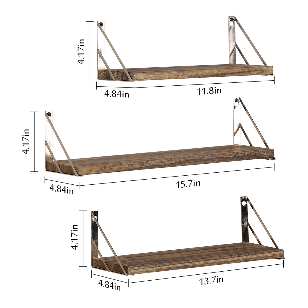 3-Piece Floating Wood Wall Shelves with Industrial Metal Supports, Versatile Brown Hanging Storage Racks for Bed, Bath, and Kitchen Organization
