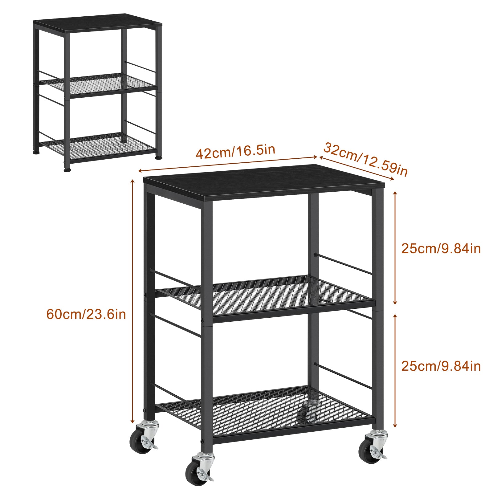 3-Tier Black Rolling Side Table with Wheels, Industrial End Table with Storage Shelves, Mobile Nightstand for Small Spaces, Bedroom, Living Room, Kitchen & Office