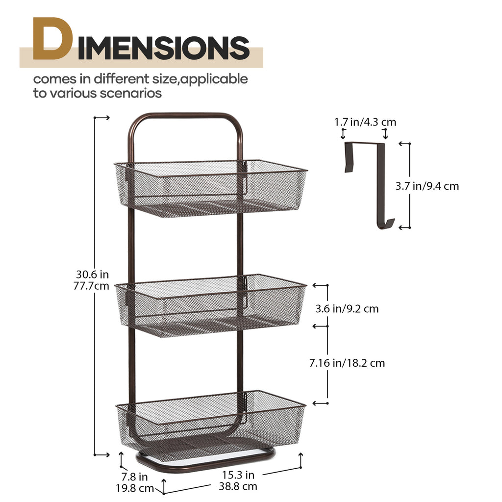 3-Tier Mesh Basket Floor Storage Rack - Multi-Purpose Bathroom & Kitchen Organizer with Handle, Bronze