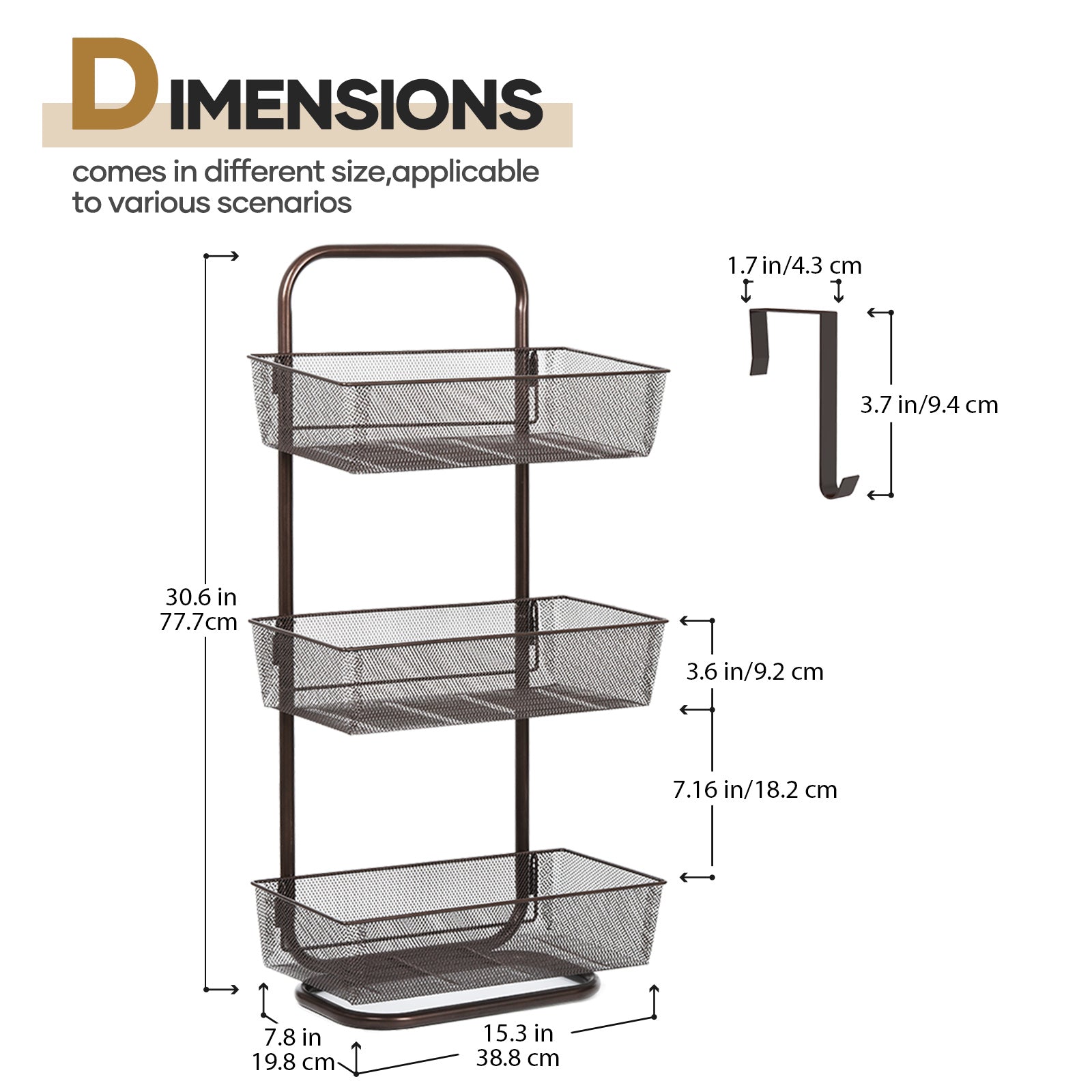 3-Tier Mesh Basket Floor Storage Rack - Multi-Purpose Bathroom & Kitchen Organizer with Handle, Bronze
