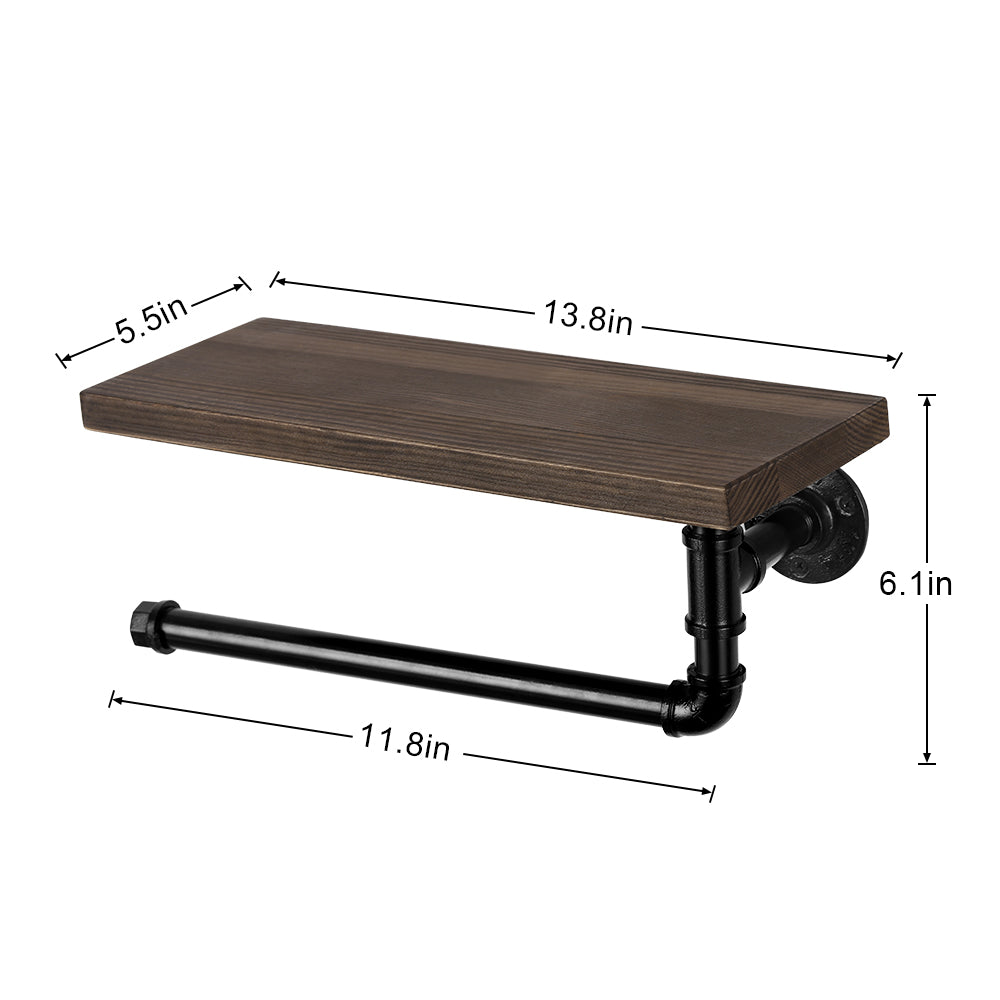 Vintage Industrial Wall-Mounted Paper Towel Rack with Wood Floating Shelf and Metal Pipe Design - Multi-Purpose Kitchen and Bathroom Spice Rack & Tissue Holder