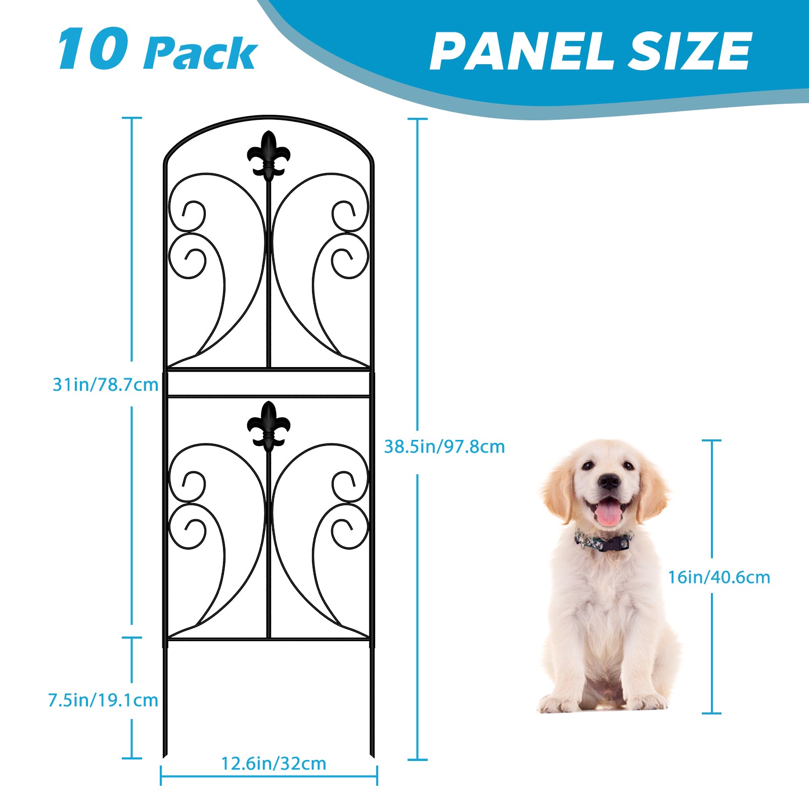 No-Dig Decorative Garden Fence with Gate - Fleur-de-Lis Rustproof Metal Border - Animal Barrier for Patio,
