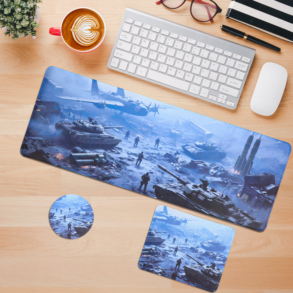 3-Piece Military Combat Desk Mat Set, Tank & Battlefield Extended Gaming Mouse Pad with Coaster