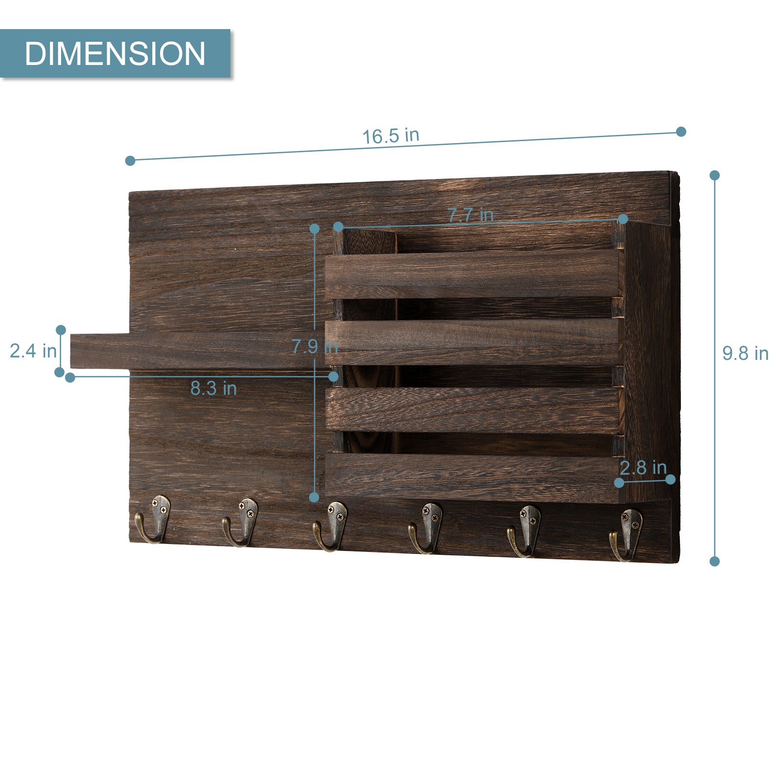 Wooden Mail Sorter Rustic Mail & Key Holder Organizer with 3 Key Hooks, Wall Mount Mail Holder for Entryway
