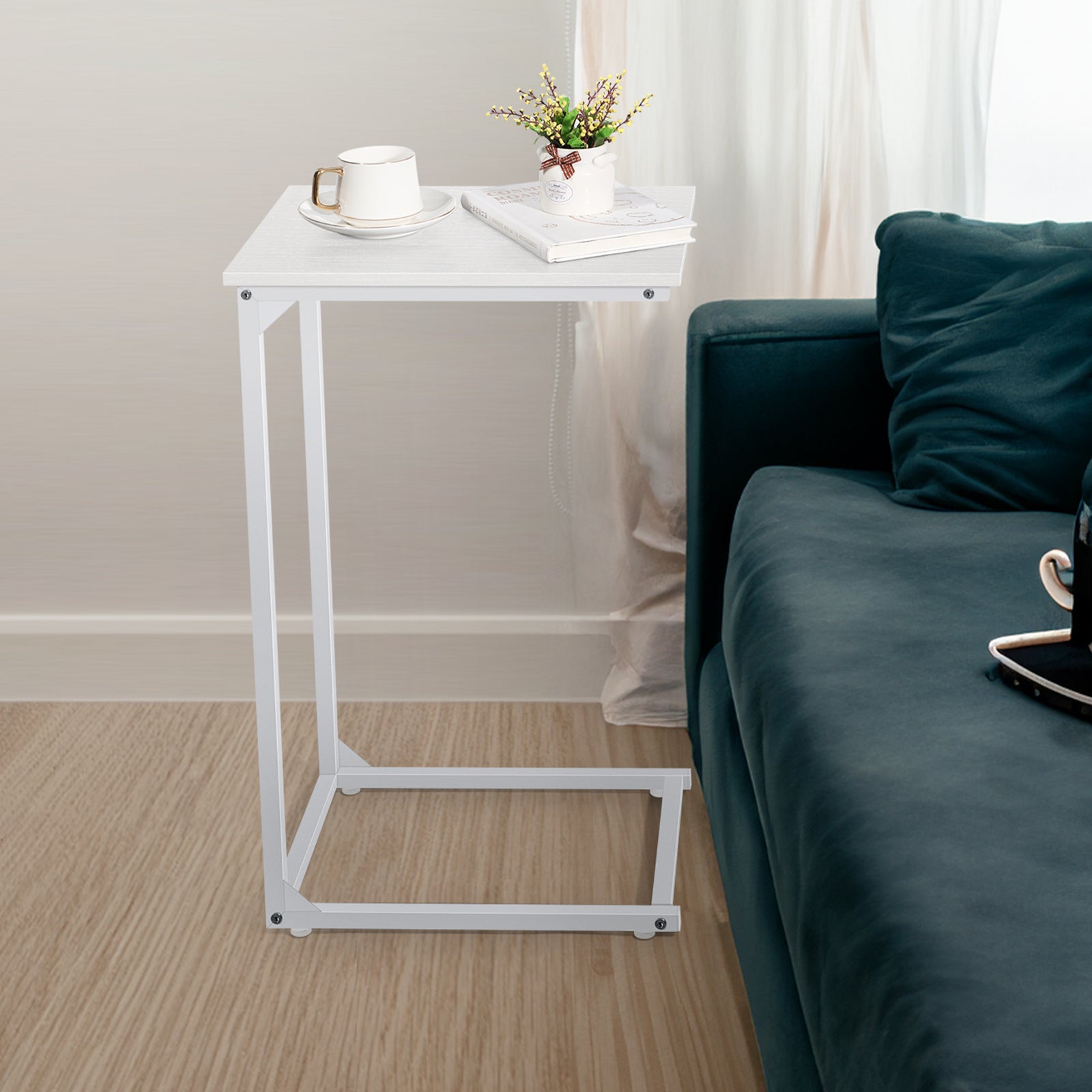 C-Shaped Nesting Side Tables, Set of 2 Slim Under-Sofa End Tables with Metal Frame for Compact Spaces, Portable Snack and Coffee Trays for Living Room