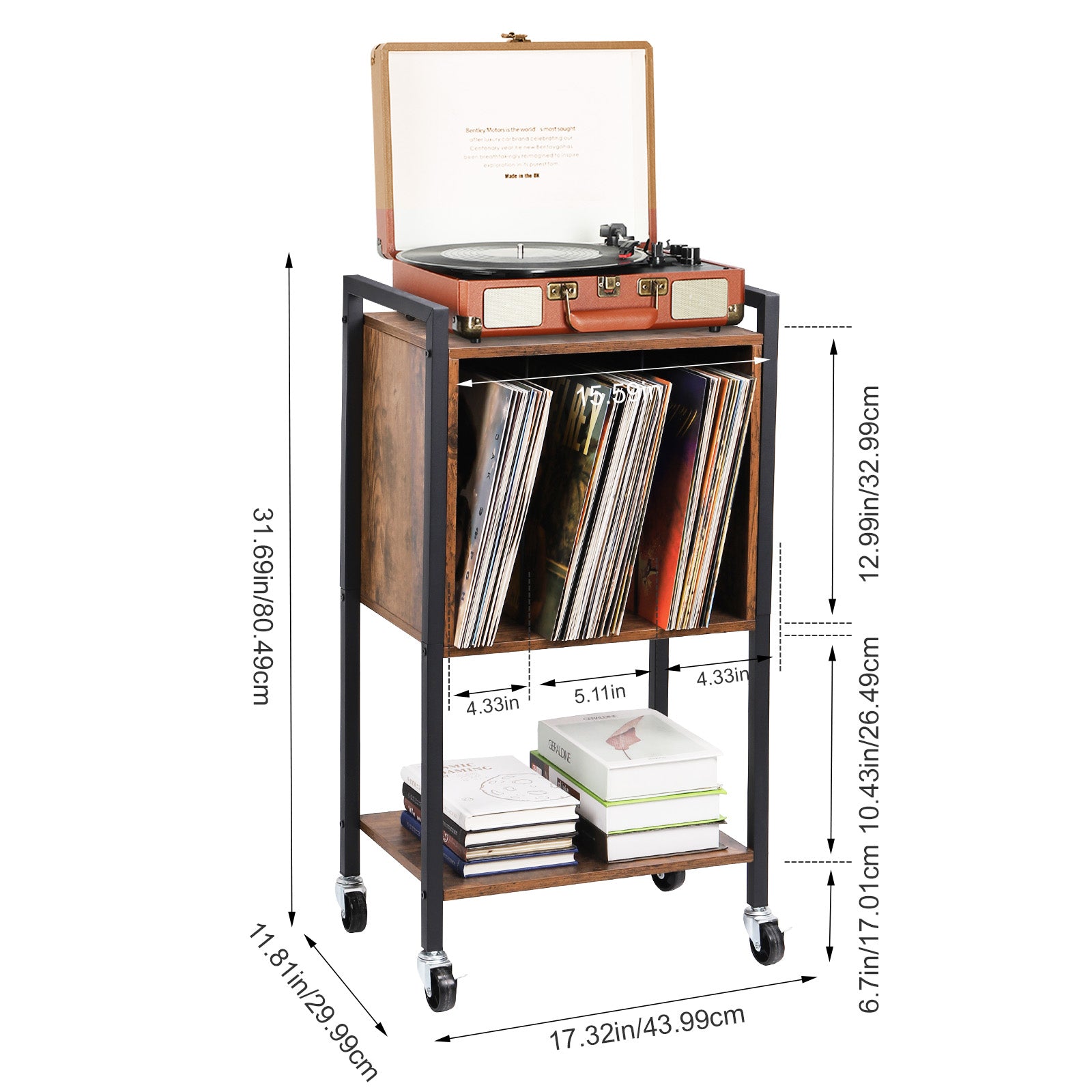 Record holder with vinyl record storage, grey turntable stand with charging station, record player stand with removable wheels