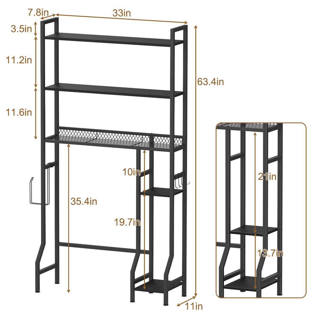 5-Tier Bathroom Over the Toilet Organizer - Tall Storage Rack with Laundry Basket & Side Shelves,
