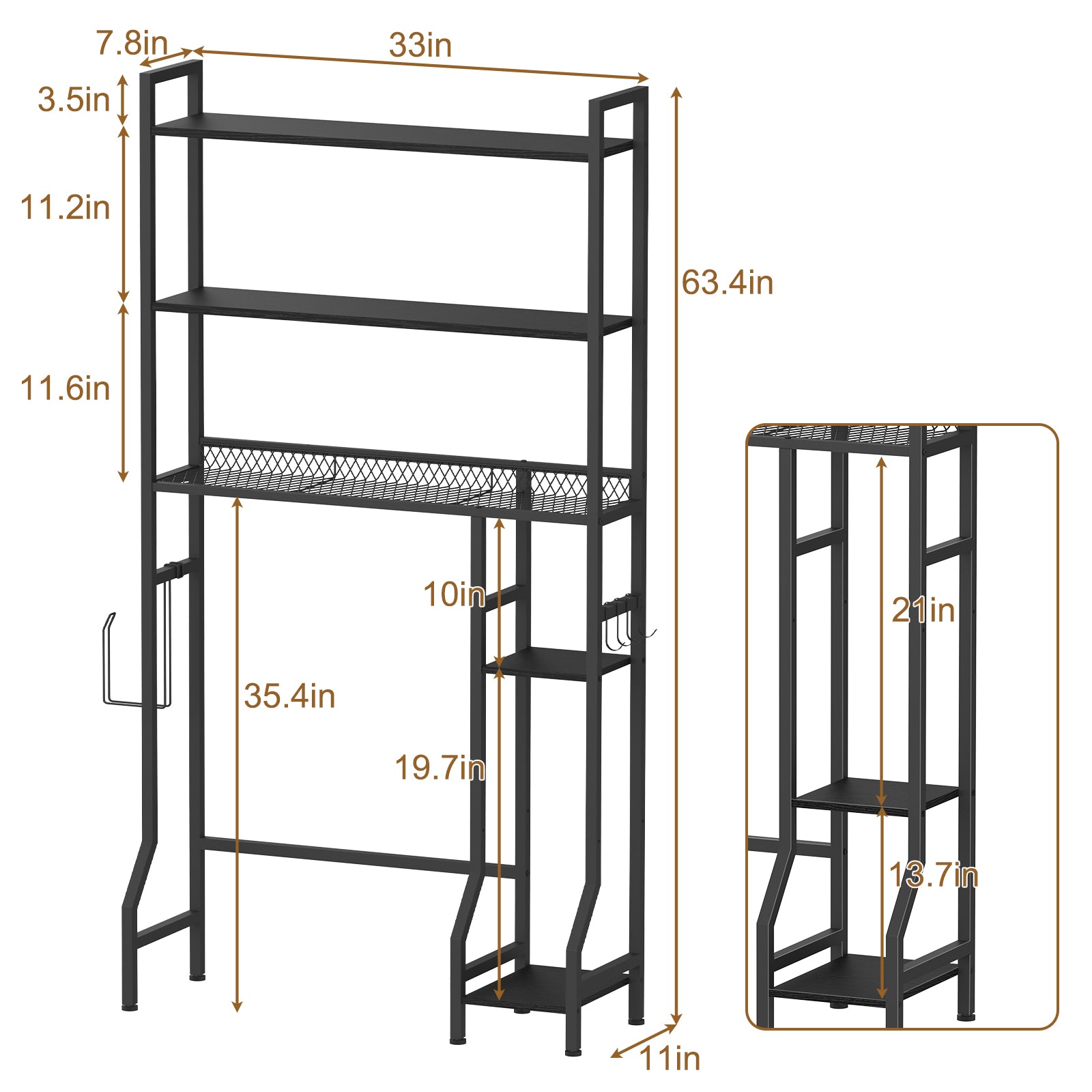 5-Tier Bathroom Over the Toilet Organizer - Tall Storage Rack with Laundry Basket & Side Shelves,