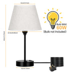 Set of 2 Bedside Table Lamps with USB Charging Ports, Modern Nightstand Desk Lamps with Linen Shade & Black Metal Base for Bedroom, Living Room, Office, Study Room