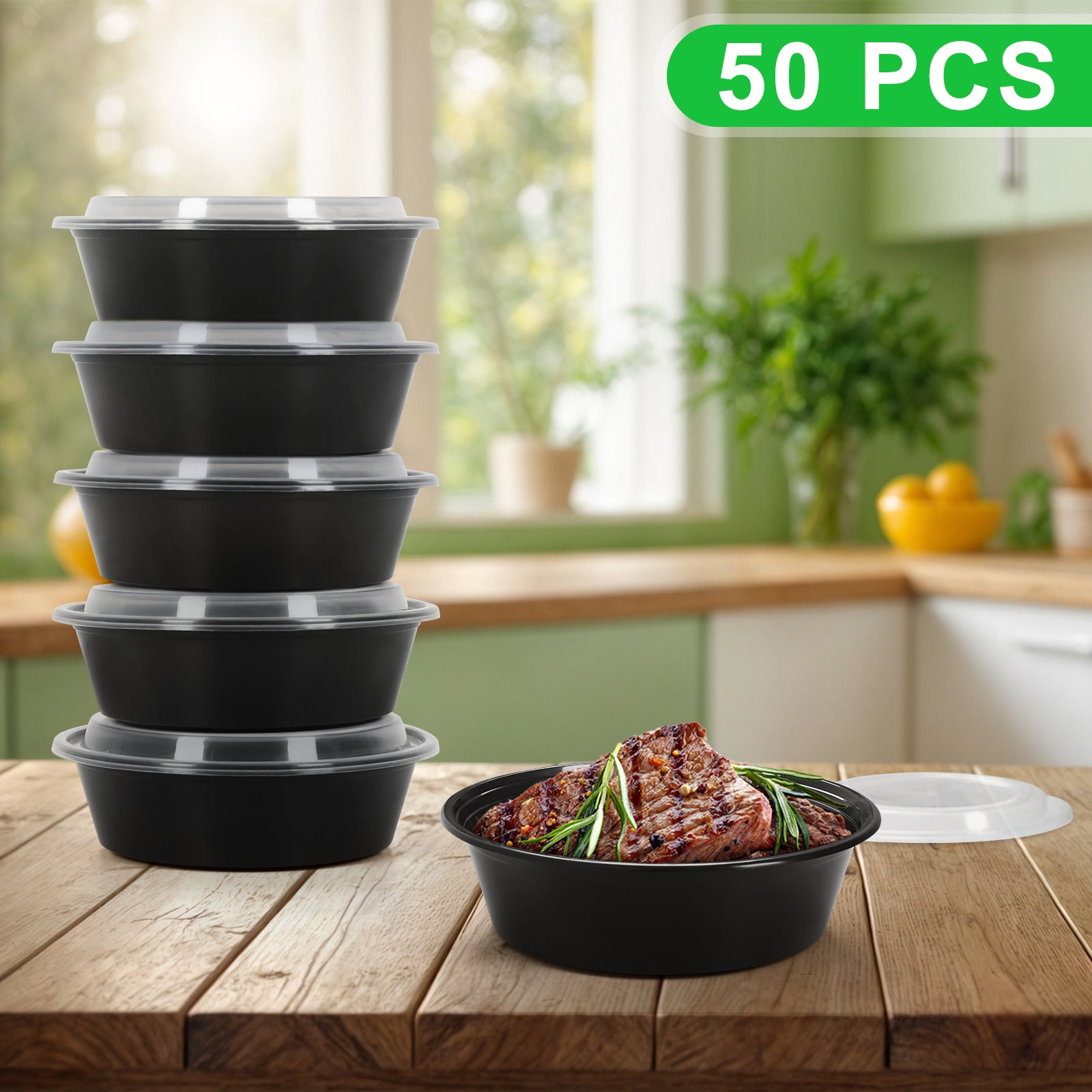 Pack of 50 Disposable Split Lunch Boxes Black Takeaway Containers for Bento, Work & Picnics Convenient, Lightweight & Easy-to-Carry