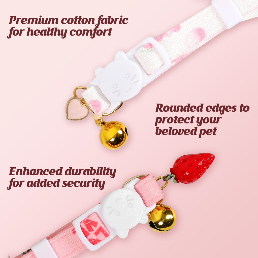 Strawberry Print Pet Dress with 2 Pack Adjustable Cat Collars with Bell, Cute Ruffle Bow Pet Clothes for Small Medium Cats, Kitten Girl Outfit, Soft Lightweight Puppy Costume for Daily Party Wear