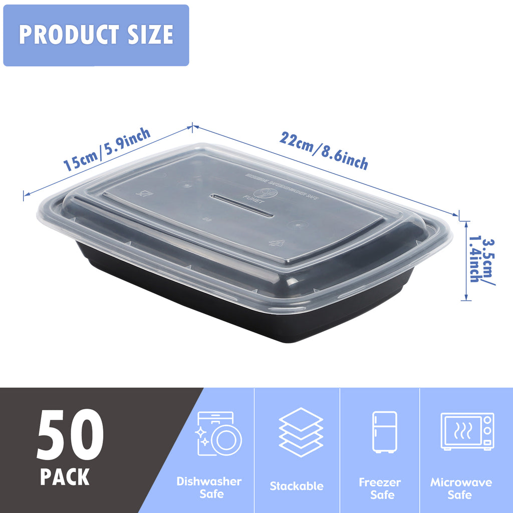 50-Pack 28oz Meal Prep Containers - Stackable Square Disposable Food Storage with Airtight Lids - Microwave & Dishwasher Safe