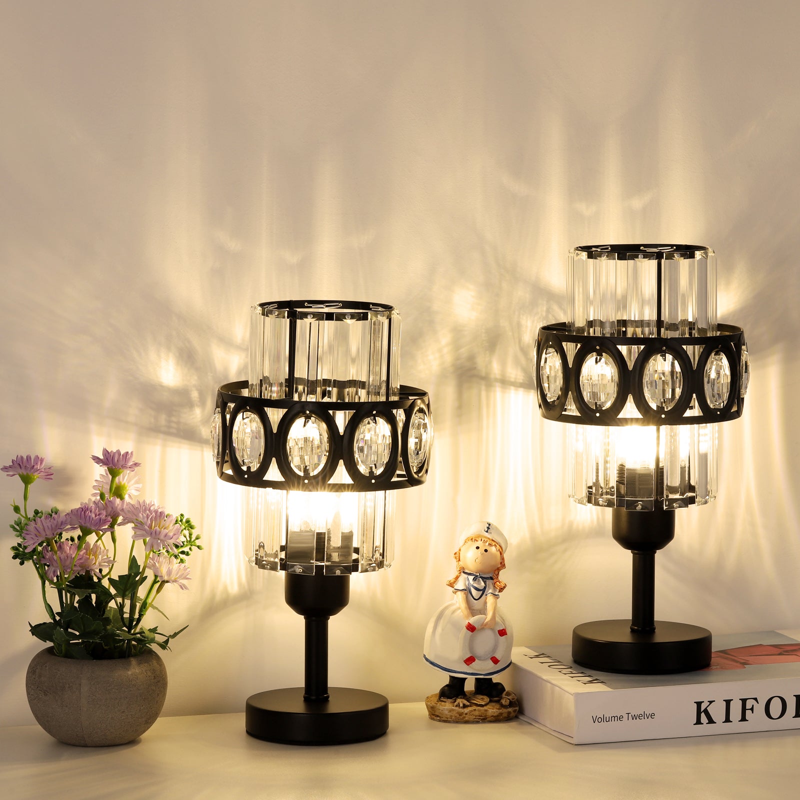 Set of 2 Sophisticated Crystal Nightstand Lights with Sleek Dark Bases, Contemporary Decorative Lighting for Sleep Areas and Shared Living Spaces