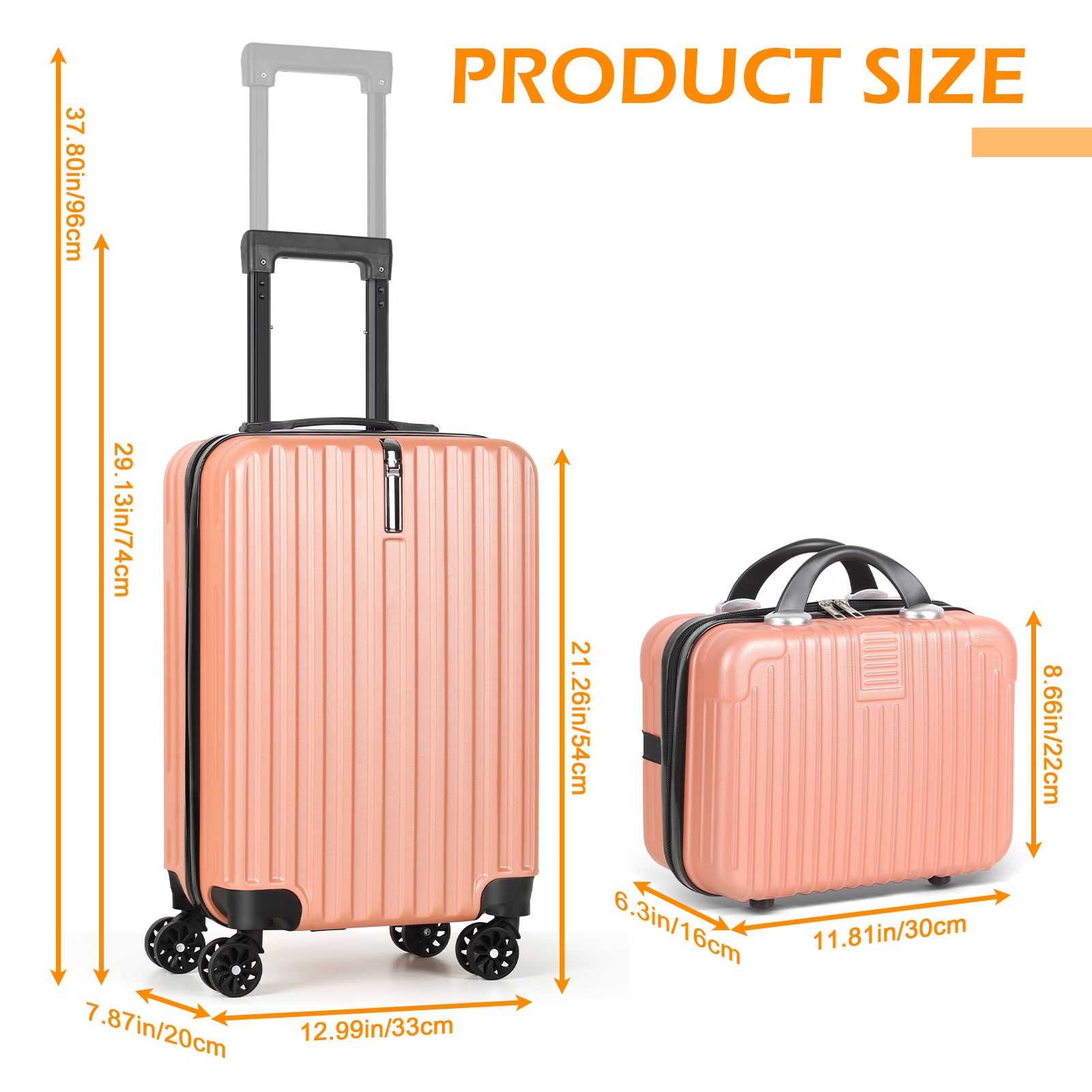 2-Piece Carry On Luggage Set - 20 Inch Hardside Suitcase with 14 Inch Cosmetic Case, Airline Approved 22x14x9 Spinner Luggage with Combination Lock & Convenient Hook, Lightweight ABS Travel Suitcase (Rose Gold)