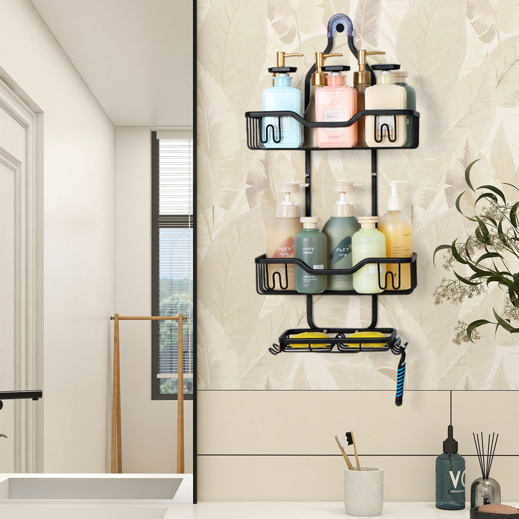 With 4 hooks, shower organizer rack, bathroom hanging shower box, rust resistant and waterproof shower storage rack for shampoo, conditioner, soap, bath sponge, black