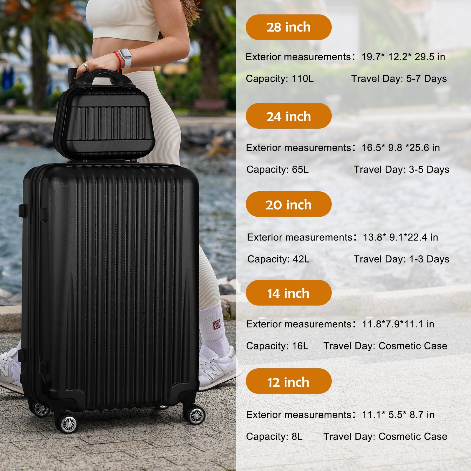 5-Piece Luggage Set, Durable Hardshell, Spinner Wheels, Telescoping Handle, Lightweight Suitcase Combo For Women, 12/14/20/24/28inch Suitcase, Black/Brown/Silver/Rose Gold