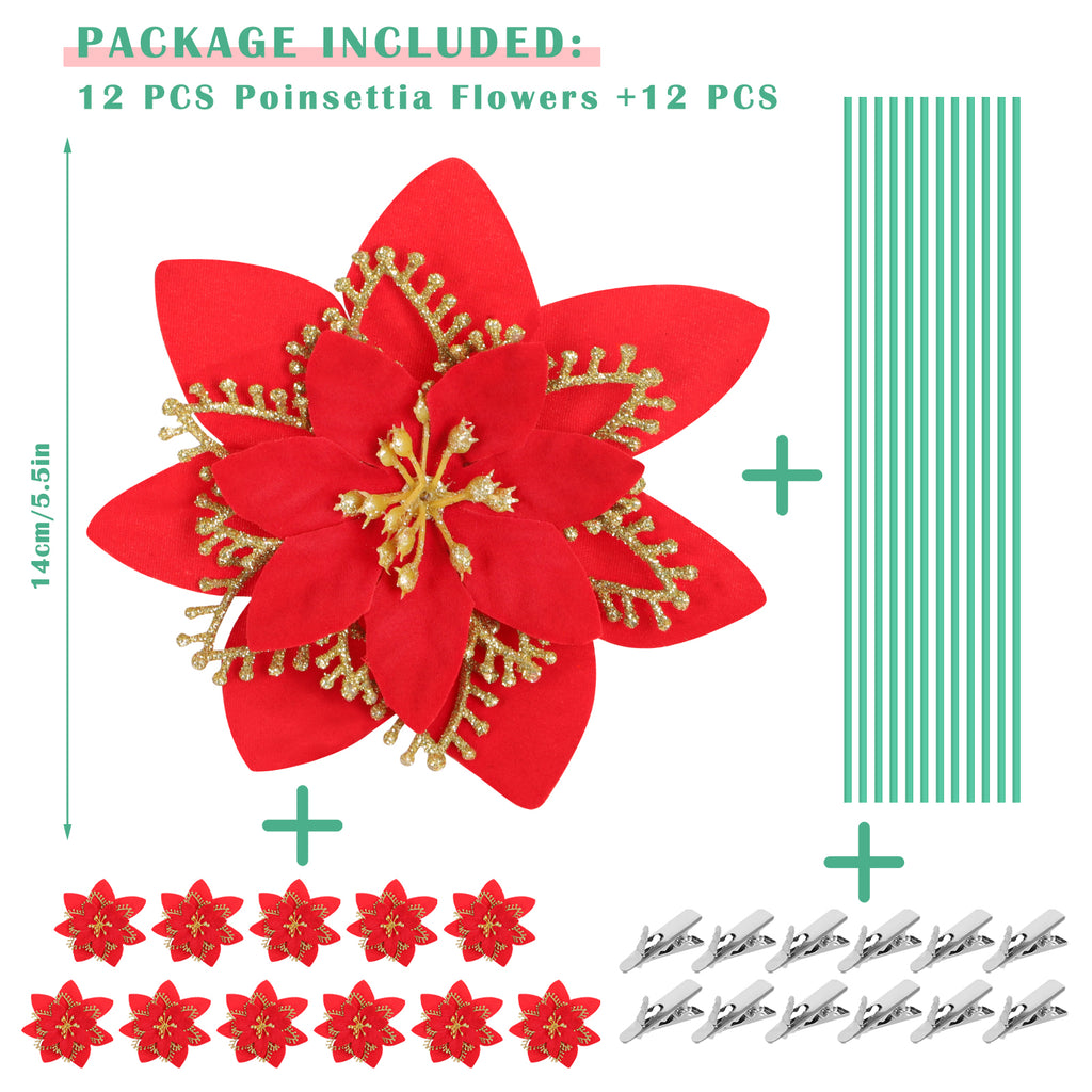 Christmas Tree Glitter Poinsettia Flowers Artificial Berry Picks Decorations，12 pcs