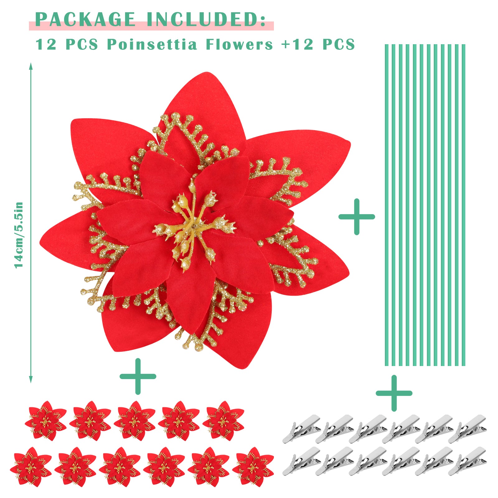 Christmas Tree Glitter Poinsettia Flowers Artificial Berry Picks Decorations，12 pcs