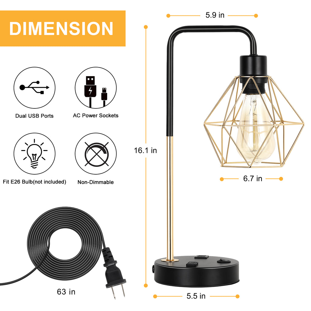 Industrial Table Lamp Vintage Desk Lamp with Dual USB Ports 1 AC Socket USB Table Lamp Bedside Nightstand Lamp with Metal Shade for Living Room Bedroom