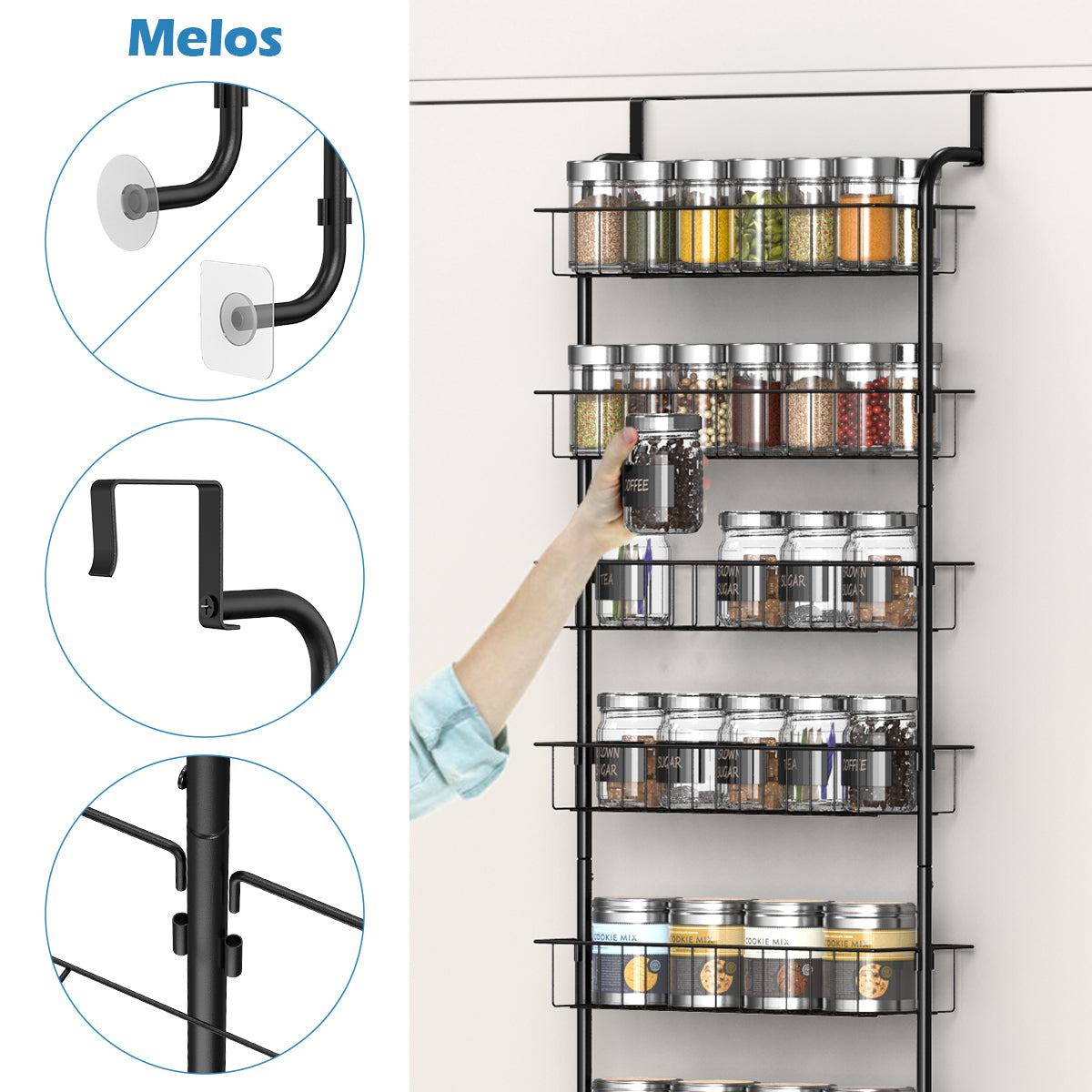 8-Tier Over the Door Pantry Organizer, Heavy-Duty Metal Spice Rack with Adjustable Baskets, Space-Saving Kitchen and Closet Storage Rack,