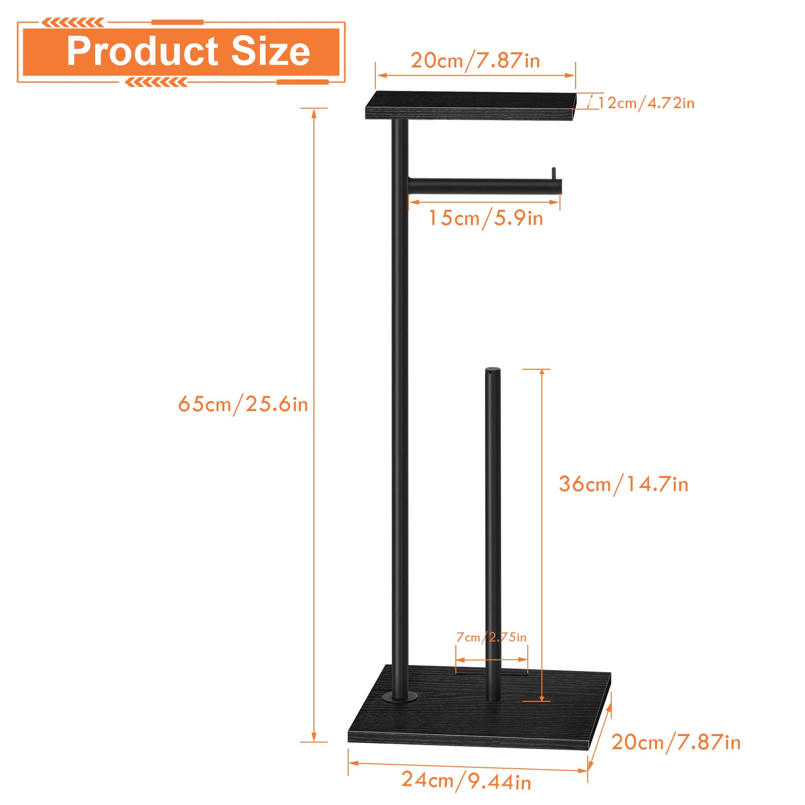 Free Standing Toilet Paper Holder Stand with Shelf, Black Metal & Wood Toilet Paper Storage with Reserve, Bathroom Organizer for Mega Rolls, Phones, Wipes