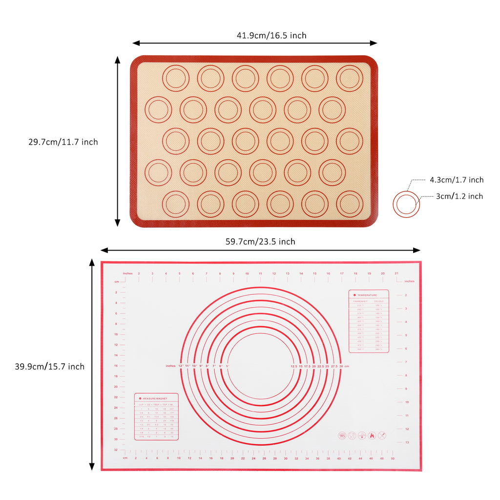 Set of 2 Professional Silicone Baking Mats - Non-Stick Macaron and Pastry Mats with Measurement Markings