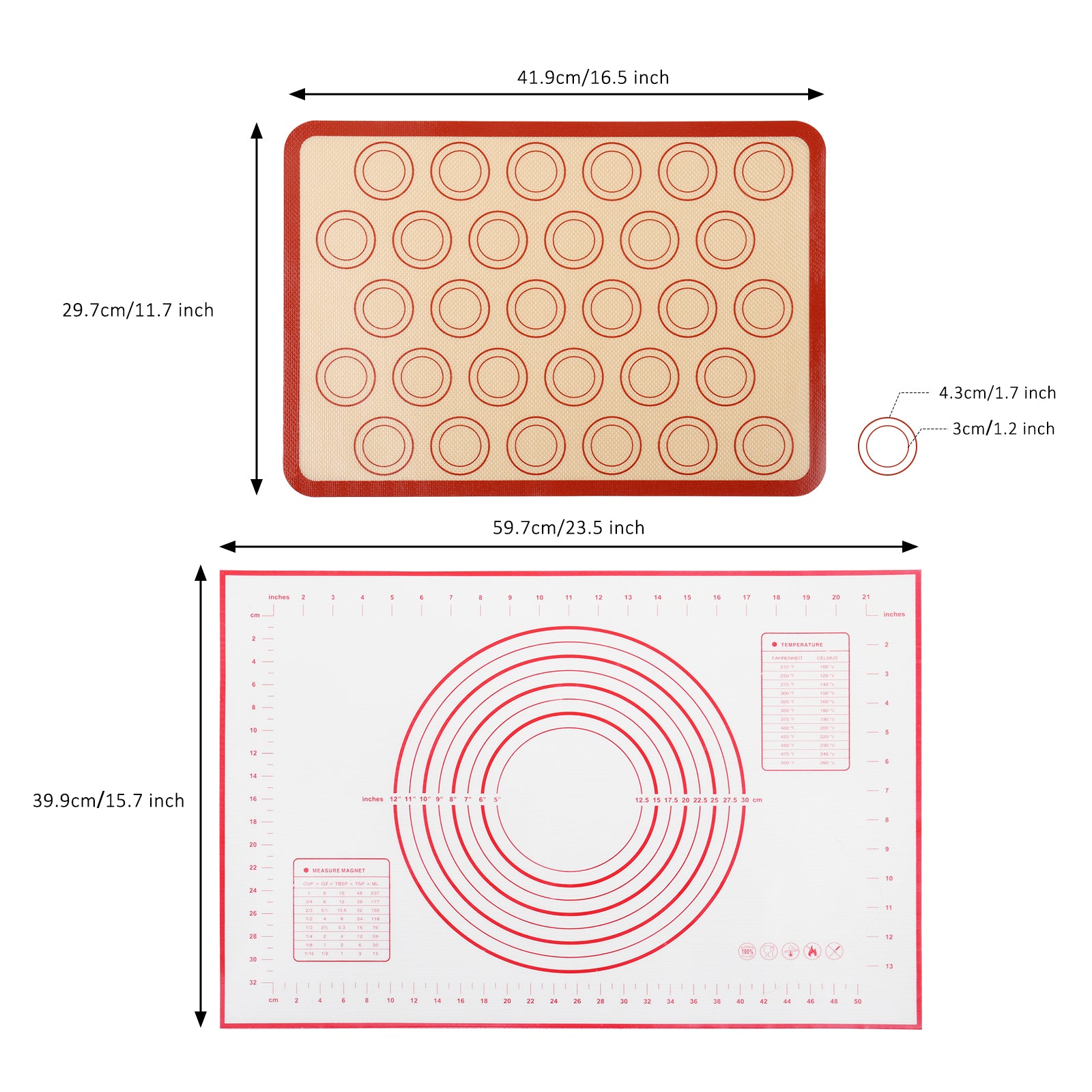 Set of 2 Professional Silicone Baking Mats - Non-Stick Macaron and Pastry Mats with Measurement Markings