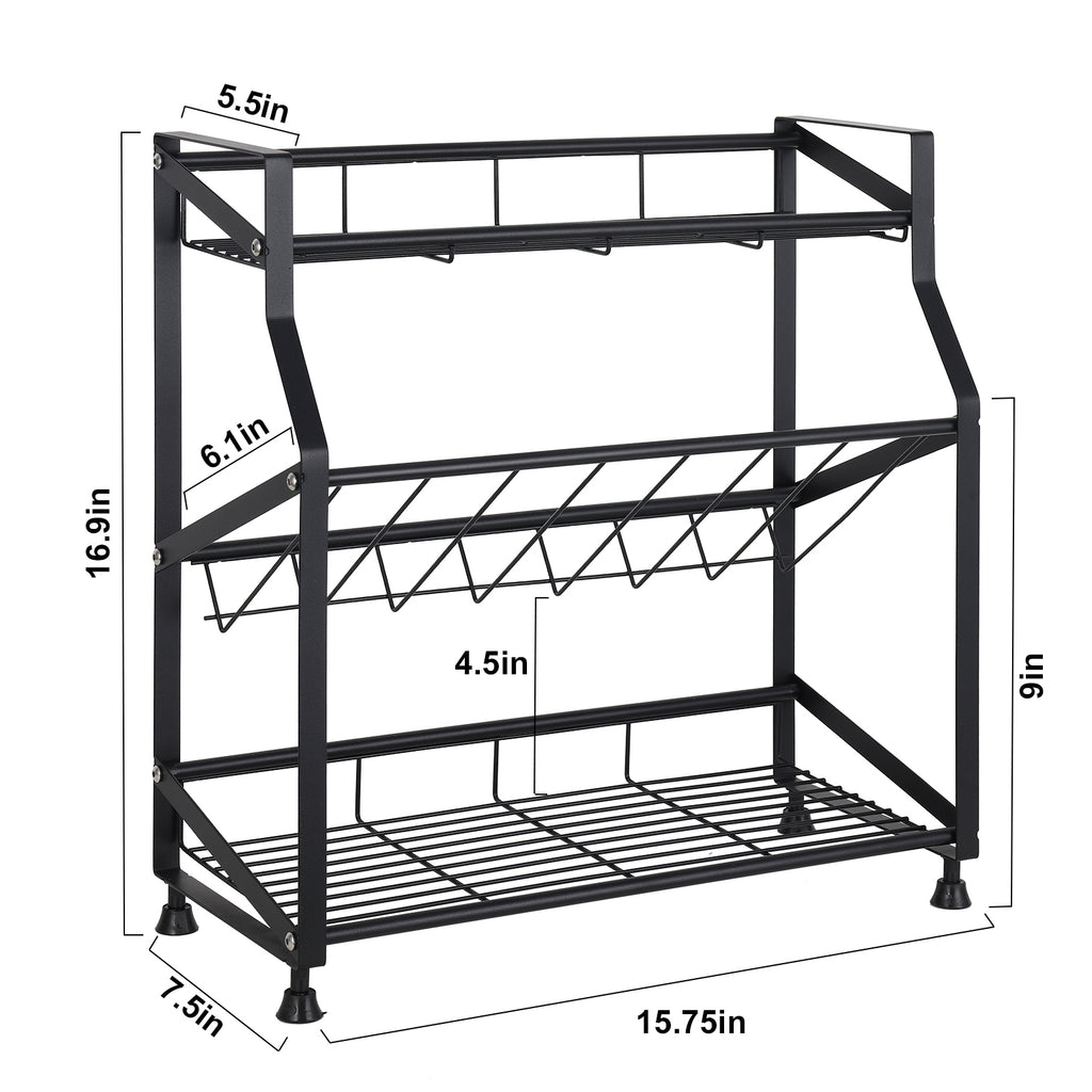 3-Tier Black Metal Spice Rack - Countertop Kitchen Organizer, Standing Jars & Bottle Storage Holder