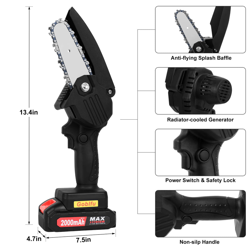 4-Inch Cordless Mini Chainsaw - Portable Electric Chainsaw with 2Â¡Ã2000mAh Batteries, Safety Lock & Splash Guard, Ideal for Wood Cutting & Tree Trimming