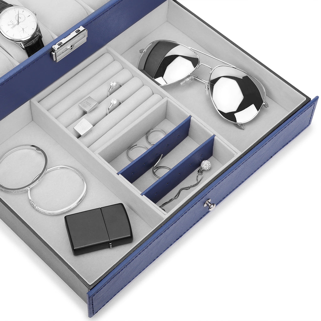 Royal Blue 12-Slot Men's Watch Display Case and Jewelry Organizer with Secure Lock and Key Set