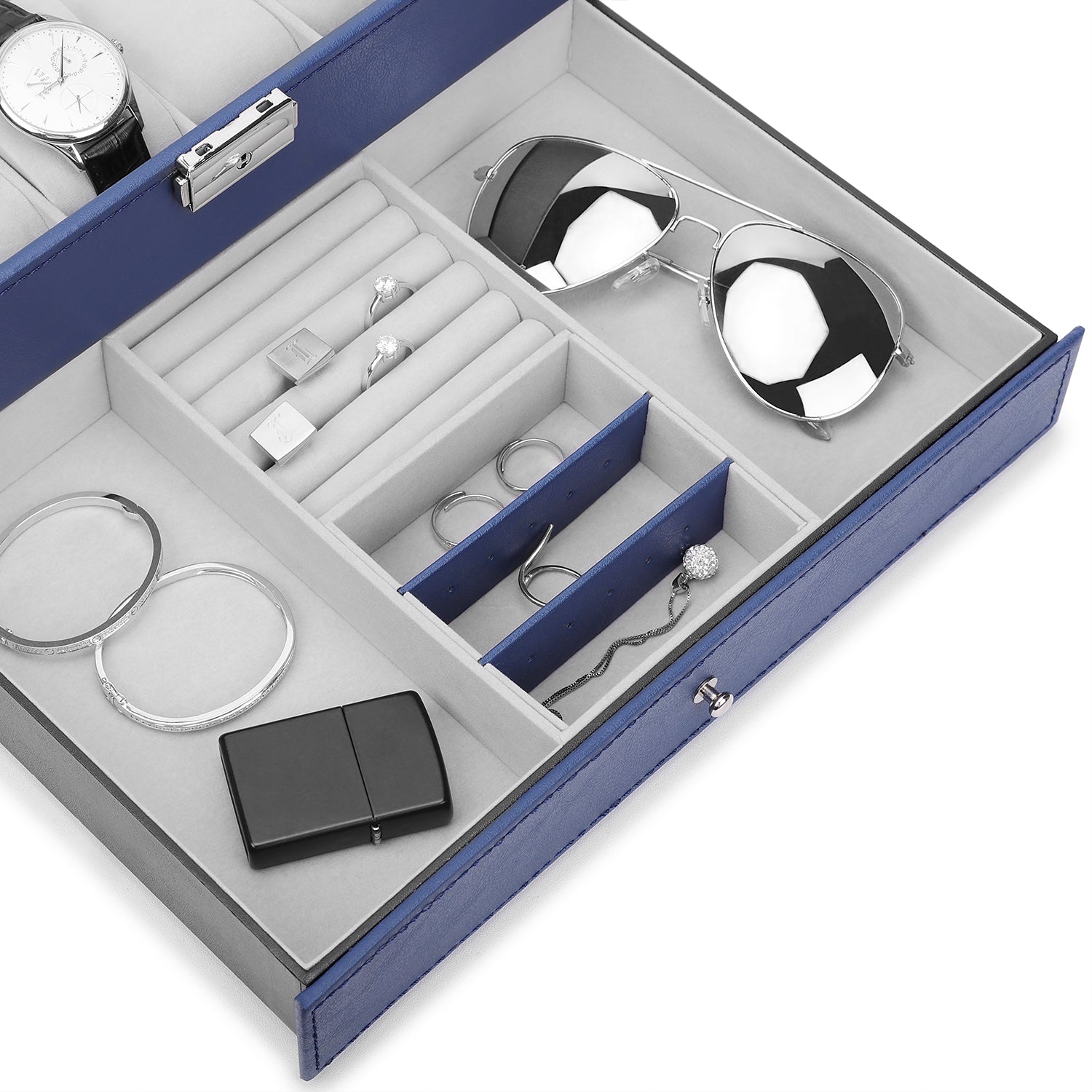 Royal Blue 12-Slot Men's Watch Display Case and Jewelry Organizer with Secure Lock and Key Set