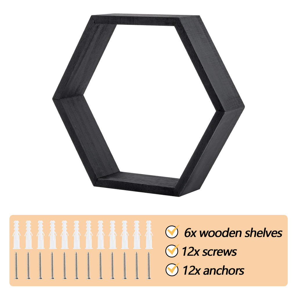 Set of 6 Black Hexagon Floating Shelves - Rustic Wood Honeycomb Wall Mounted Home Decor Storage