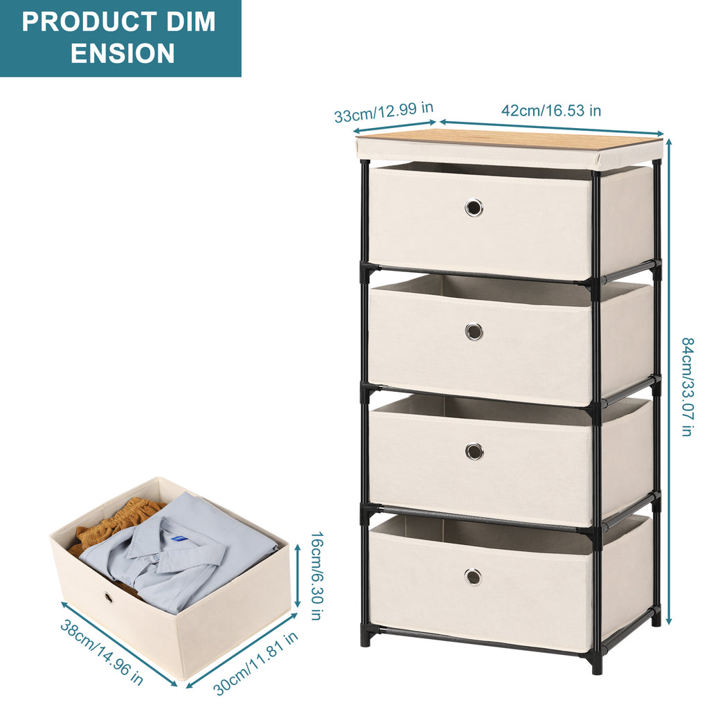 4-Drawer Bedroom Storage Tower, Compact Fabric Organizer Unit and Clothing Chest of Drawers