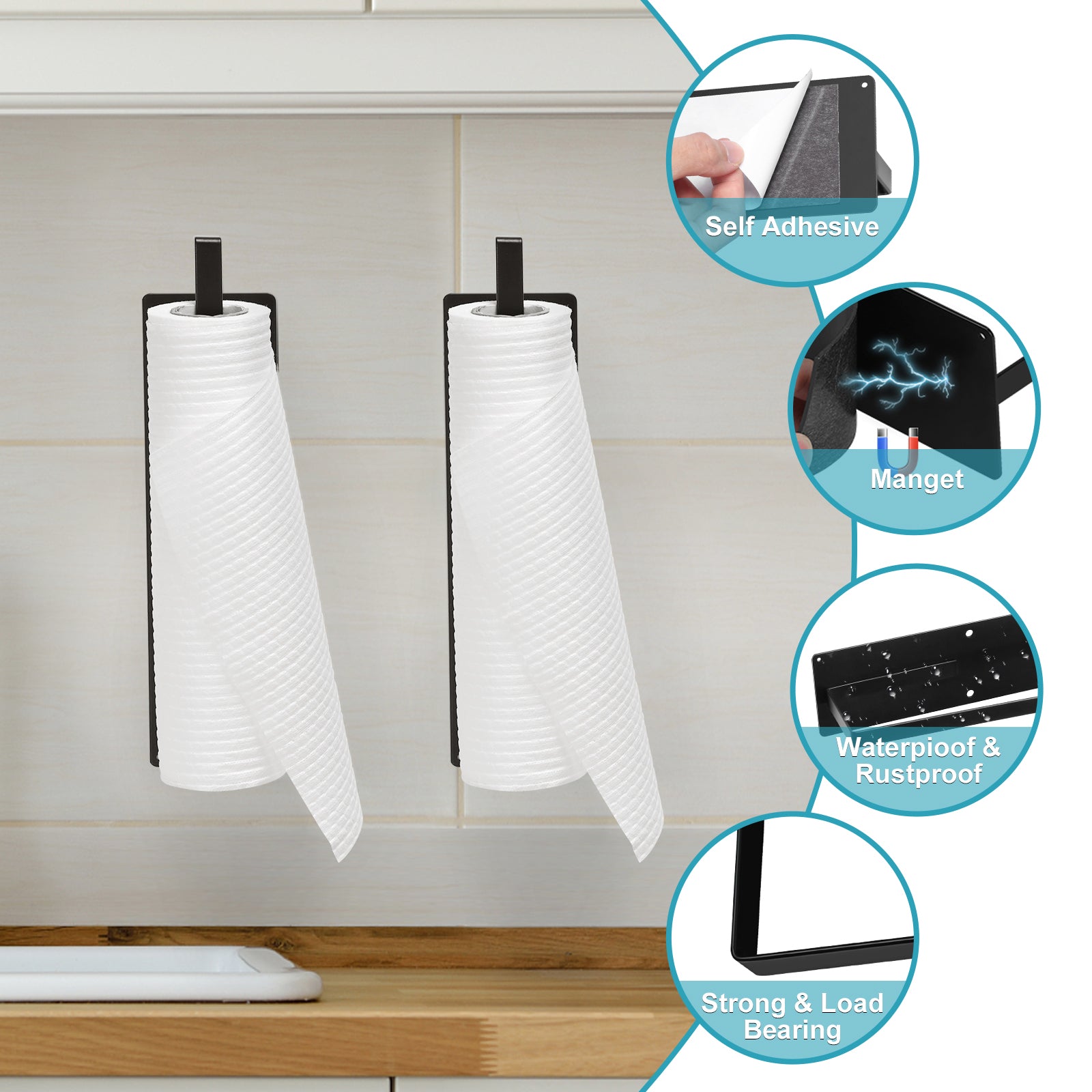 Set of 2 Magnetic Paper Towel Racks - Dual Mounting Options with Magnet or Screws - Black Wall Mount Towel Bar for Kitchen, Fridge, and RVs