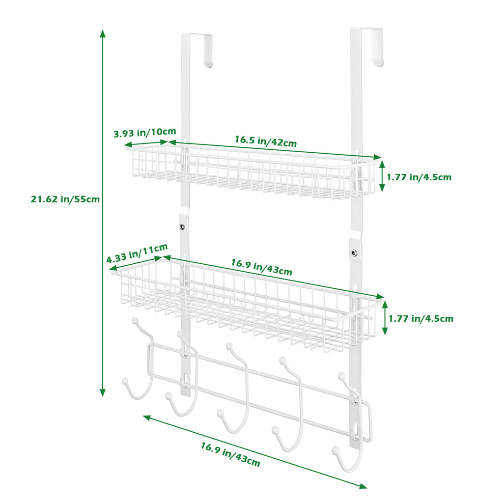 Over The Door Hanger with 2 Mesh Baskets & 5 Hooks - White Detachable Storage Rack