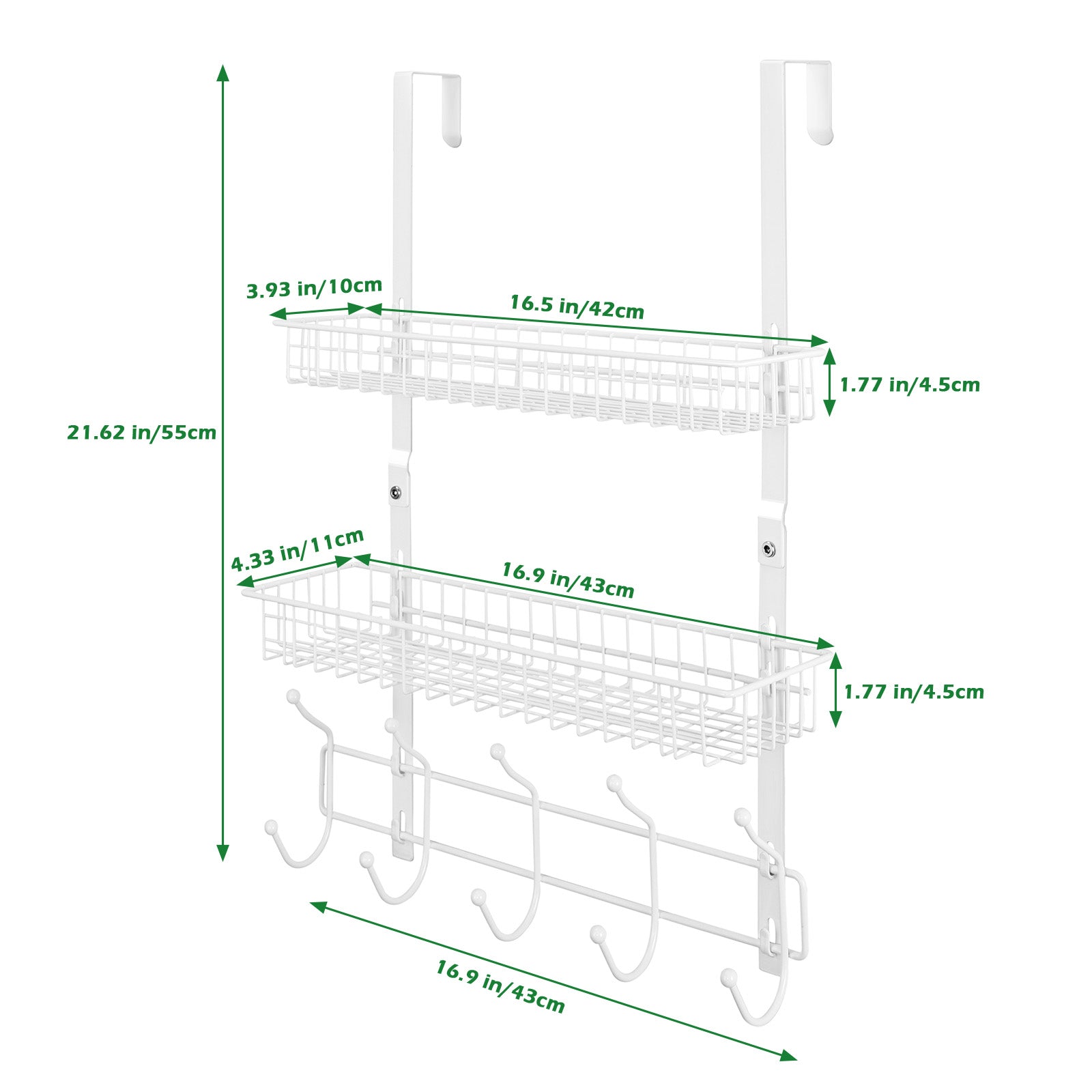 Over The Door Hanger with 2 Mesh Baskets & 5 Hooks - White Detachable Storage Rack