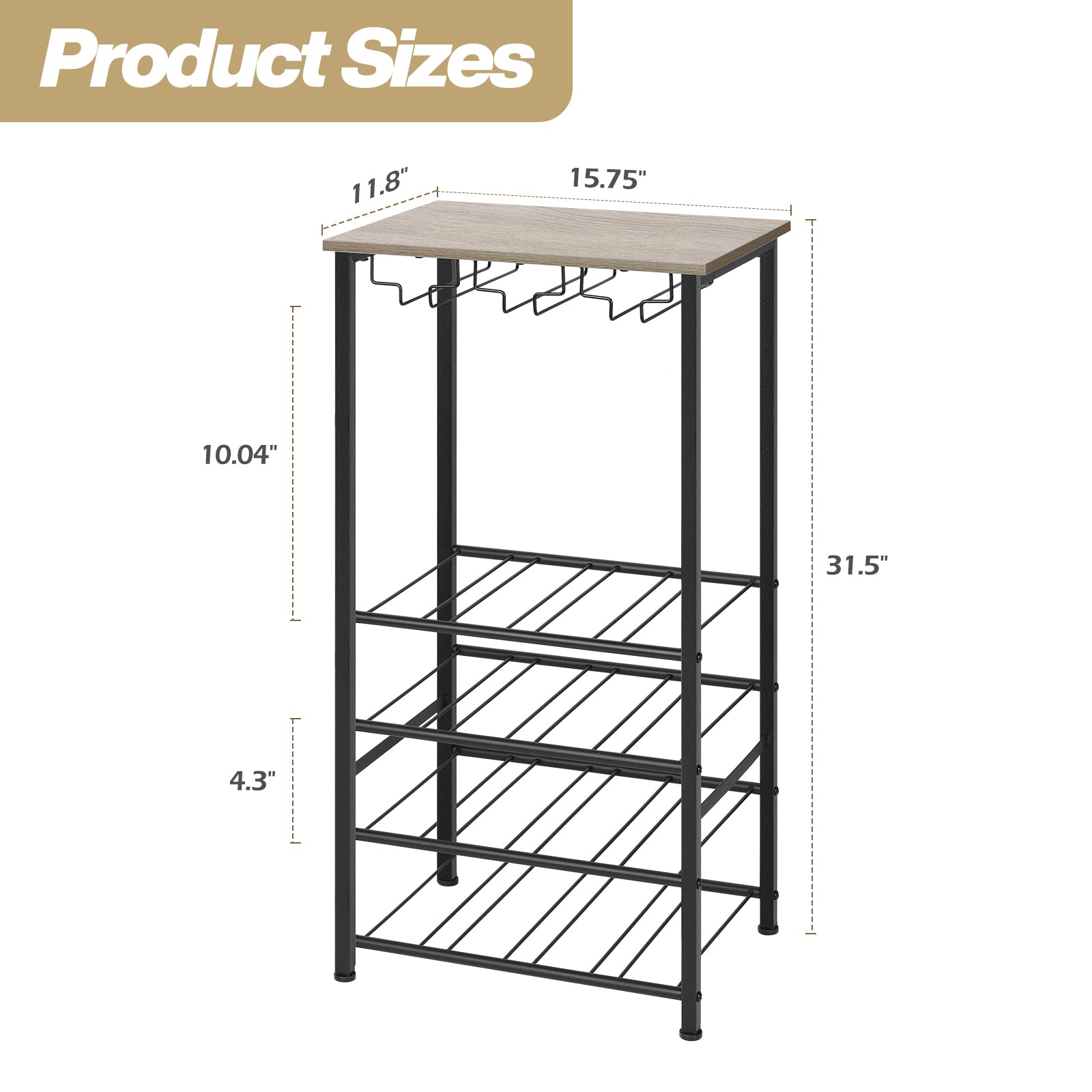 Freestanding Wine Rack Floor Stand with Glass Hanging Holder, Gray Oak Wood Top Metal Wine Storage Organizer, Holds 16 Wine Bottles & 9 Stem Glasses, Bar Cabinet Rack for Kitchen Dining Living Room