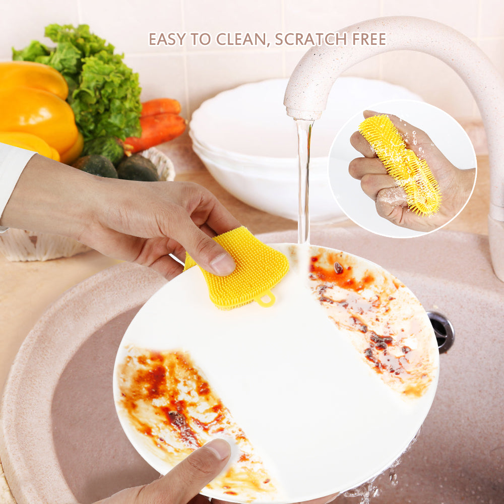 3-Pack Reusable Food-Grade Silicone Kitchen Scrubber - Durable Dish Washing Sponges and Multi-Purpose Cleaning Tools