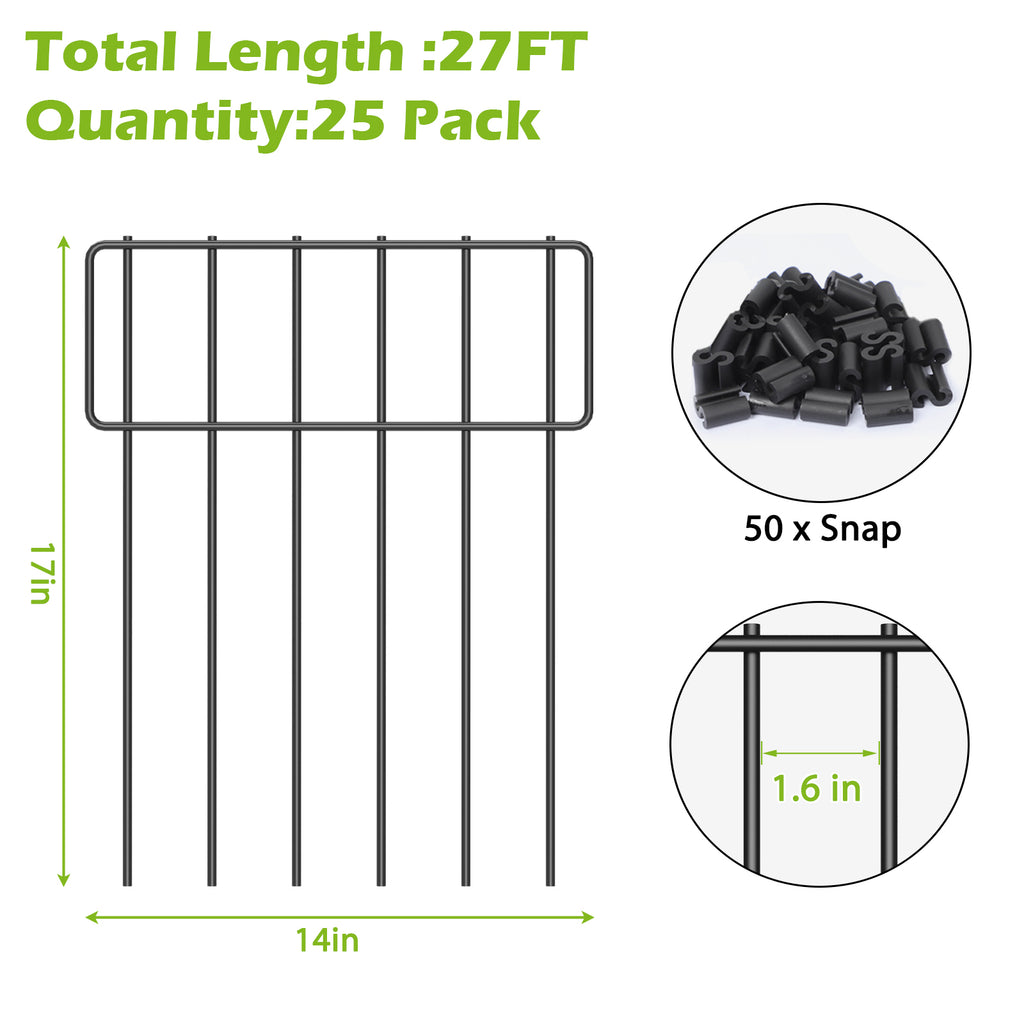 25 Pack Animal Barrier Fence, 17in H x 27ft L Rustproof Metal Garden Border Fence, Decorative Ground Stakes for Dogs, Rabbits, and Outdoor Landscaping