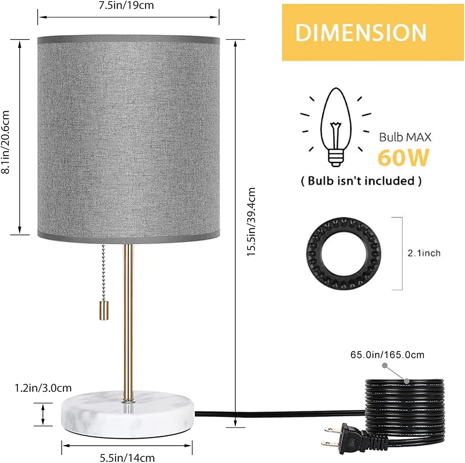 Small Marble Base Bedside Lamp with Gold Accents， Modern Nightstand Light for Kids Room and Office.