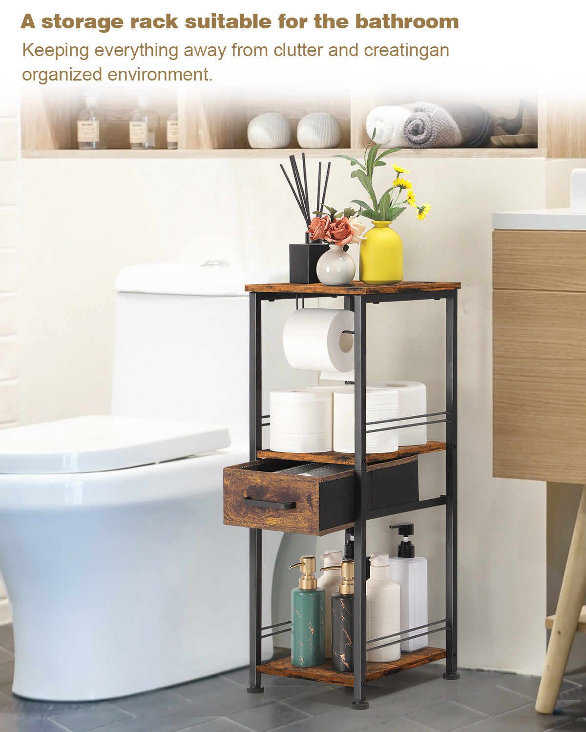 Farmhouse-Style Toilet Paper Floor Organizer with Pull-Out Drawer - Rustic Brown Utility Shelf for Small Spaces, Bathrooms, and Entryways
