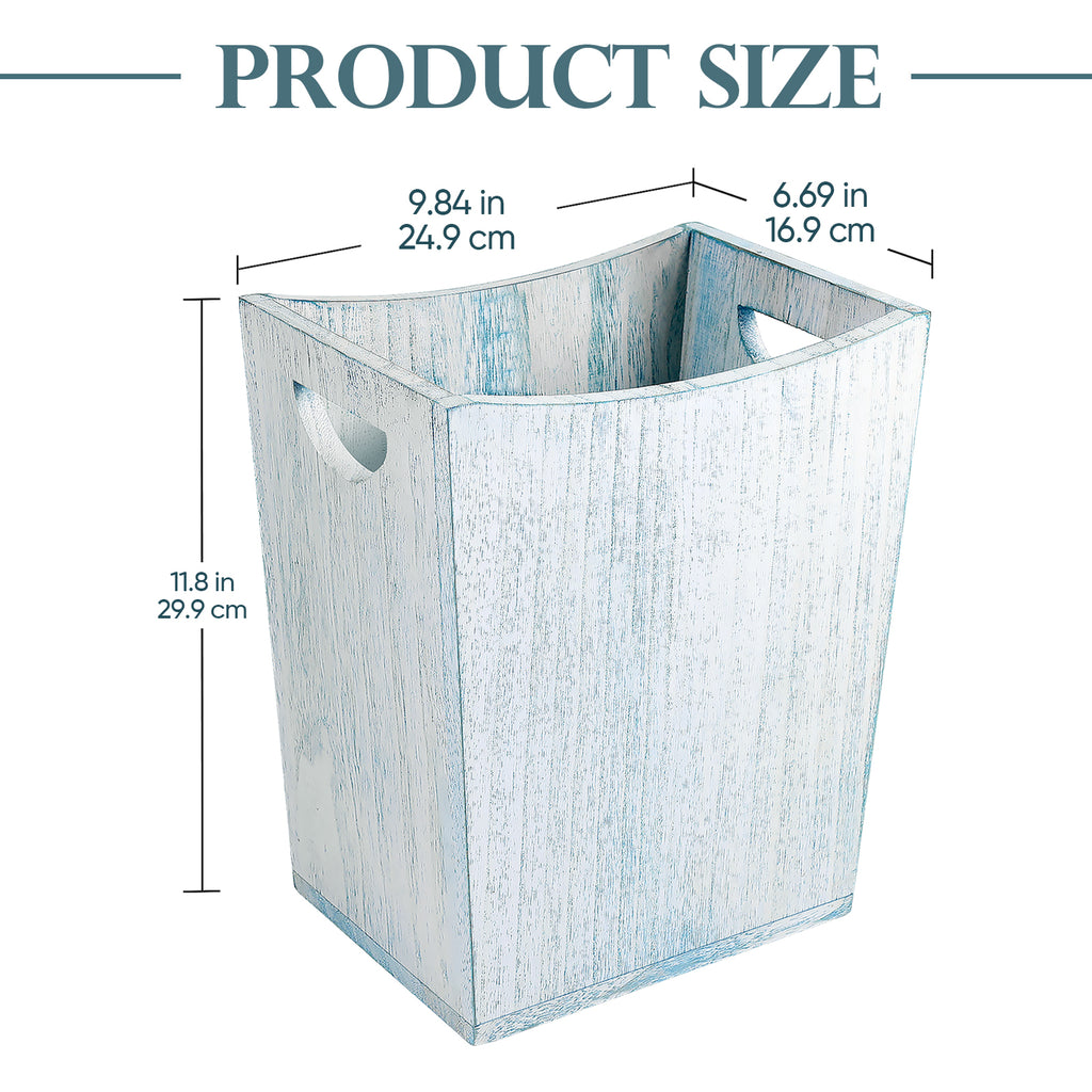 Rustic Blue and White Wood Wastebasket - Farmhouse Style Torched Timber Garbage Bin for Home and Office