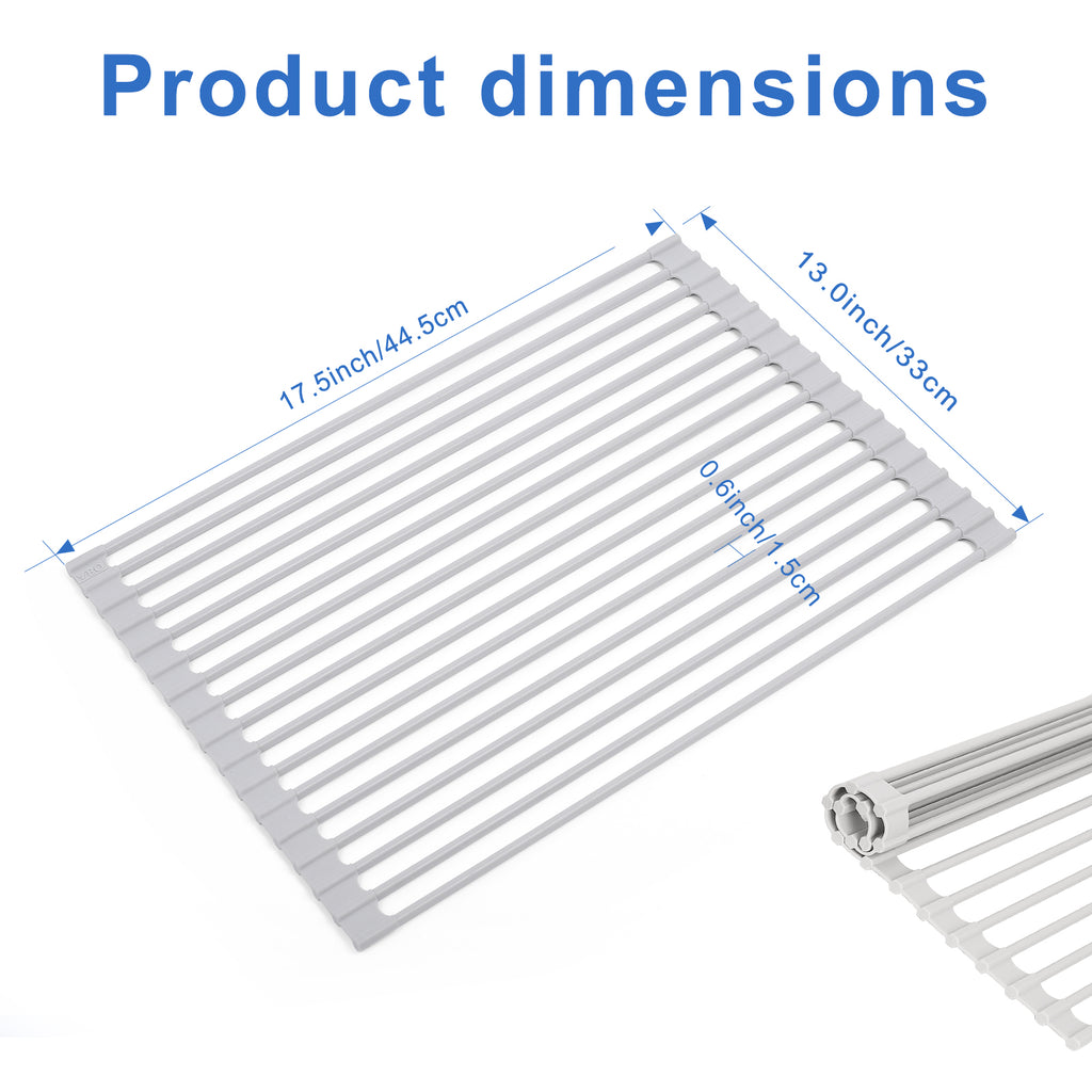 Roll Up Over Sink Dish Drying Rack (17.5''x13'') - Foldable Silicone Wrapped Stainless Steel Drainer, Grey
